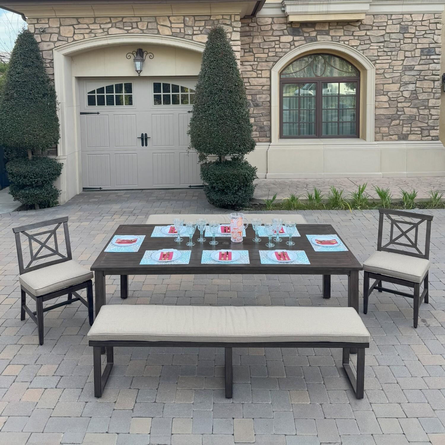 Atlantis 5 Pc Aluminum Dining Set w/ 2 Dining Side Chairs & 2 Three Person Benches in Walnut/Beige by Darlee