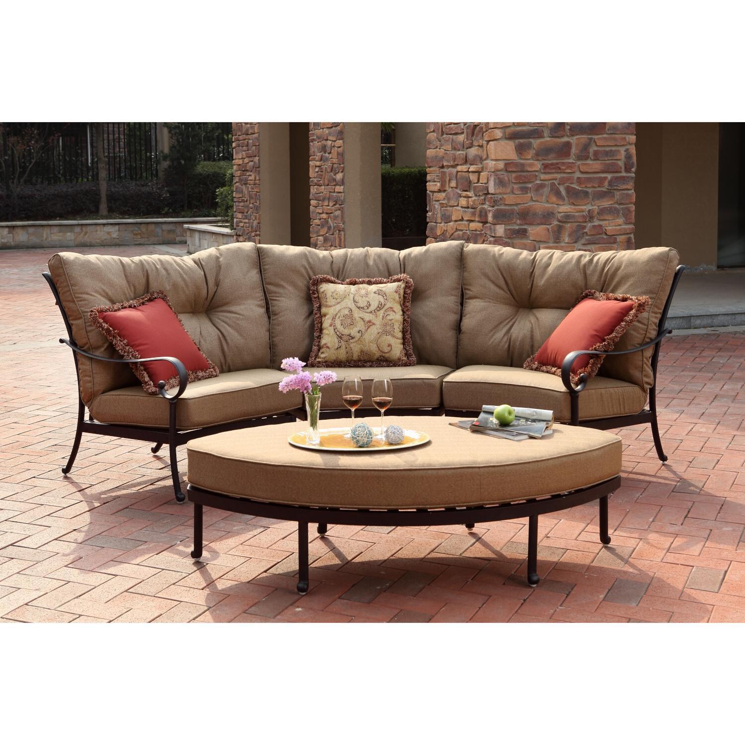 Santa Anita 4 Pc Cast Aluminum Patio Sectional Sofa Set W/ Leaf Ottoman & Sesame Sunbrella Cushions By Darlee - Back Patio (Pillows Not Included) - Full View - Lifestyle thumbnail