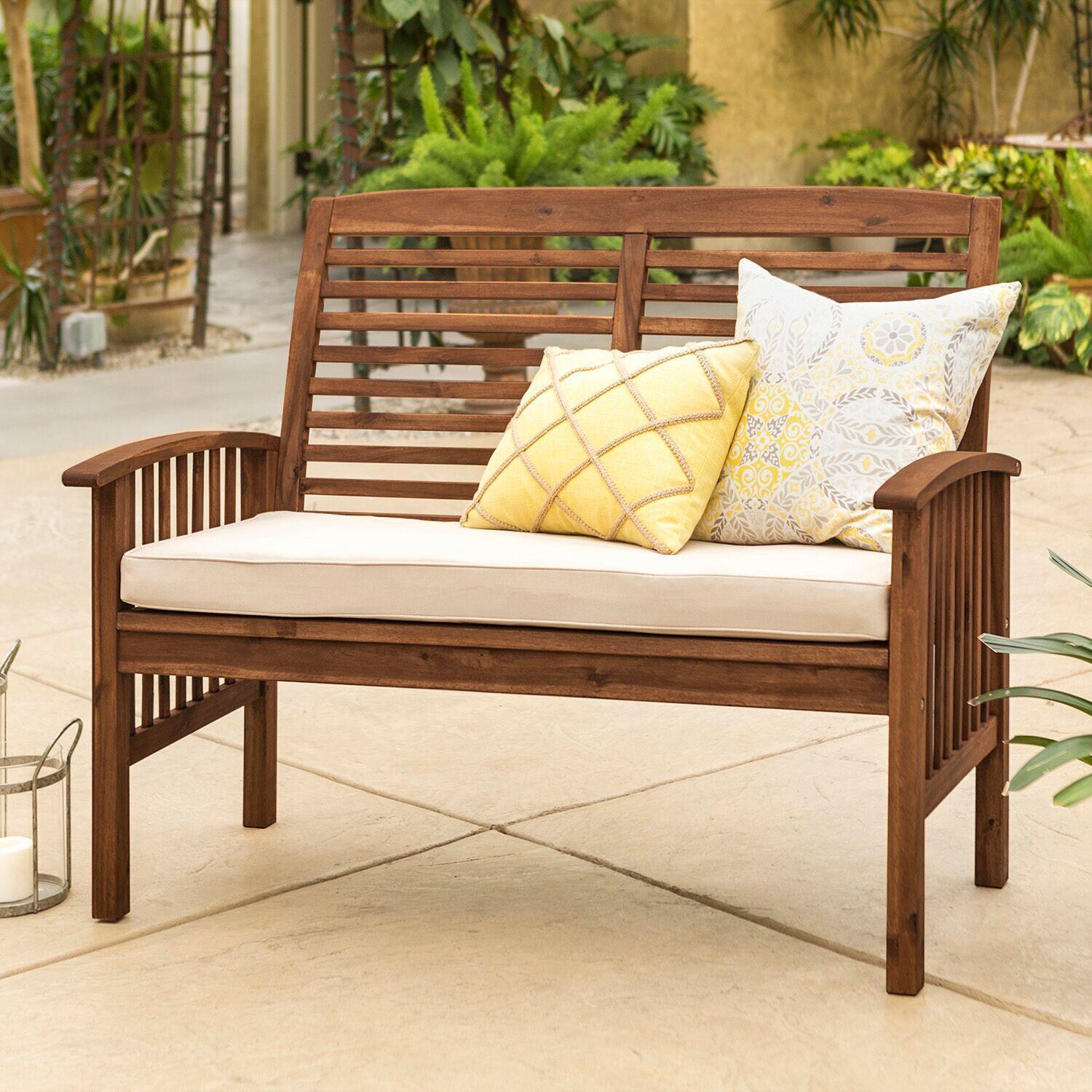Ultimate Patio Horizon Way Dark Brown Acacia Patio Loveseat W/ Natural Cushions - Angled View thumbnail