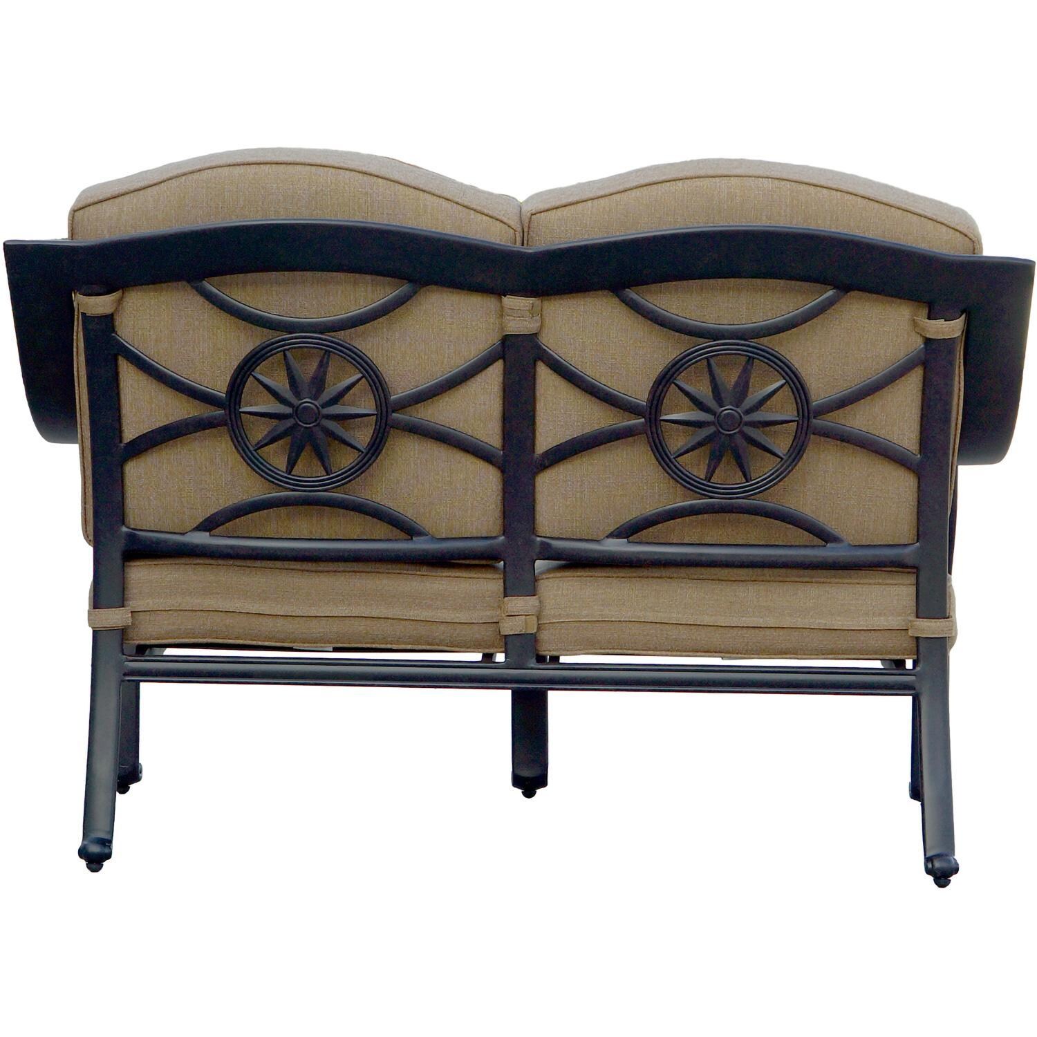 Darlee Ten Star 5-Piece Patio Propane Fire Pit Deep Seating Set with Cushions and 47 Inch Round Fire Pit Chat Table and Fireglass - Loveseat Back - White Background thumbnail