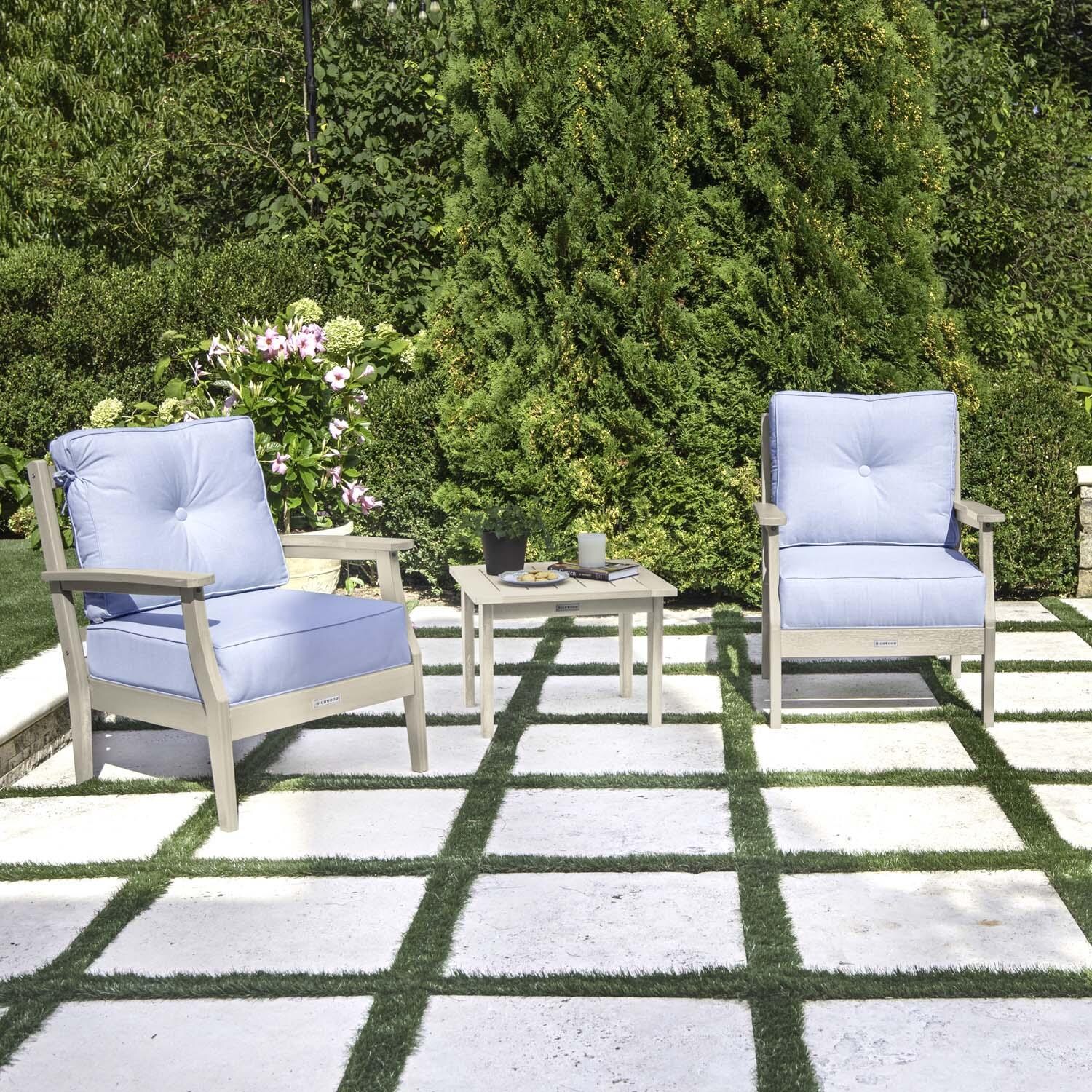 Blushing Bay 3 Pc Recycled Plastic Seating Set in Bliss Dew/Whitewash by Lakeview Outdoor Designs - Angled Left - Lifestyle thumbnail