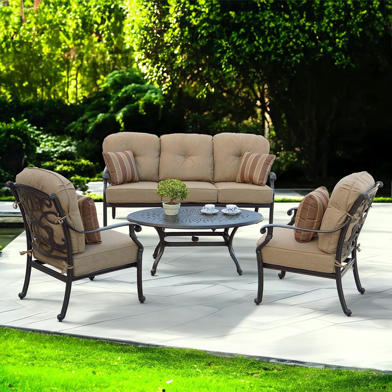 Santa Monica 4 Pc Cast Aluminum Seating Set w/ 46 X 31 Inch Oval Table & Throw Pillows in Antique Bronze/Sesame by Darlee