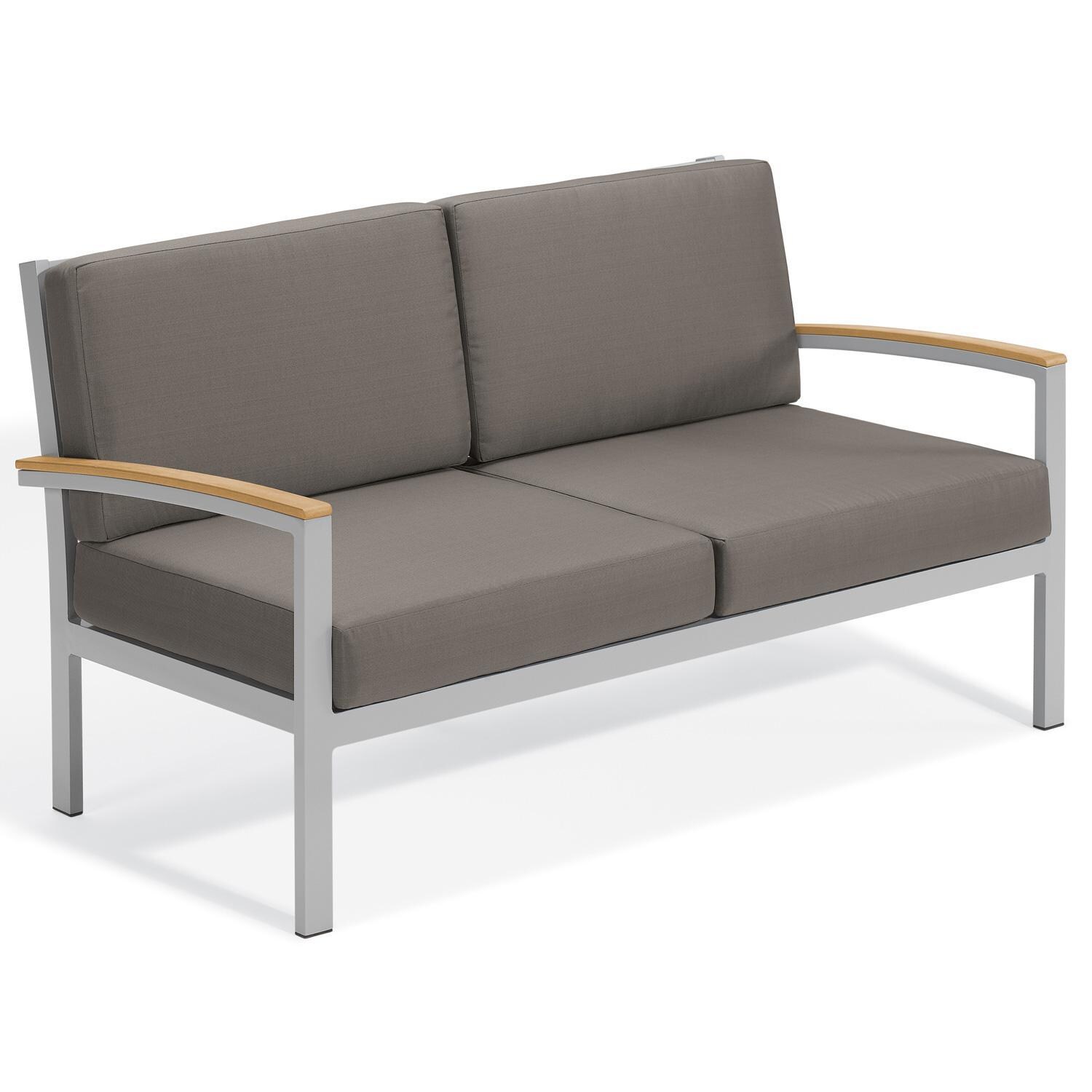 Oxford Garden Travira 2 Person Aluminum Loveseat W/ Natural Tekwood Arm Caps in Flint/Stone thumbnail