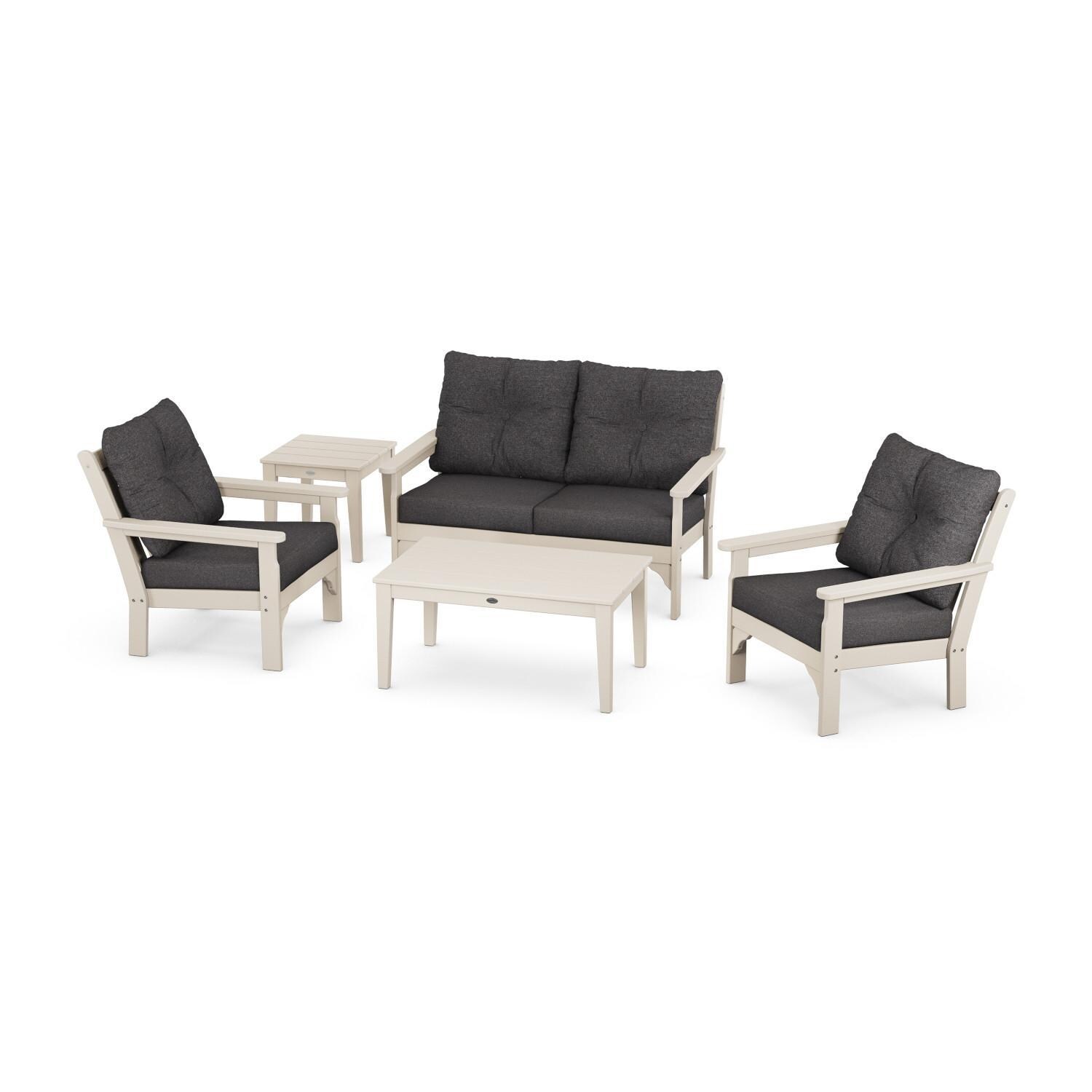 Vineyard 5 Pc Recycled Plastic Loveseat Seating Set in Sand/Ash Charcoal by POLYWOOD
