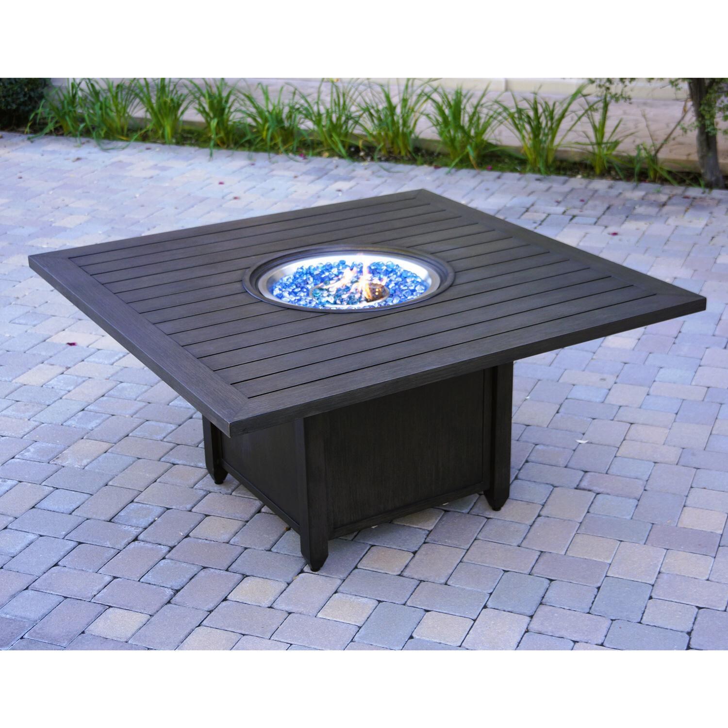Darlee Brooklyn 9 Piece Aluminum Patio Dining Set W/ 60-Inch Square Propane Fire Pit Dining Table & Sesame Cushions - Fire Pit Table in Use thumbnail