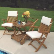 Sailor 3 Piece Teak Patio Bistro Set W/ Tray Cart And Sunbrella Canvas Natural Cushions By Royal Teak Collection image