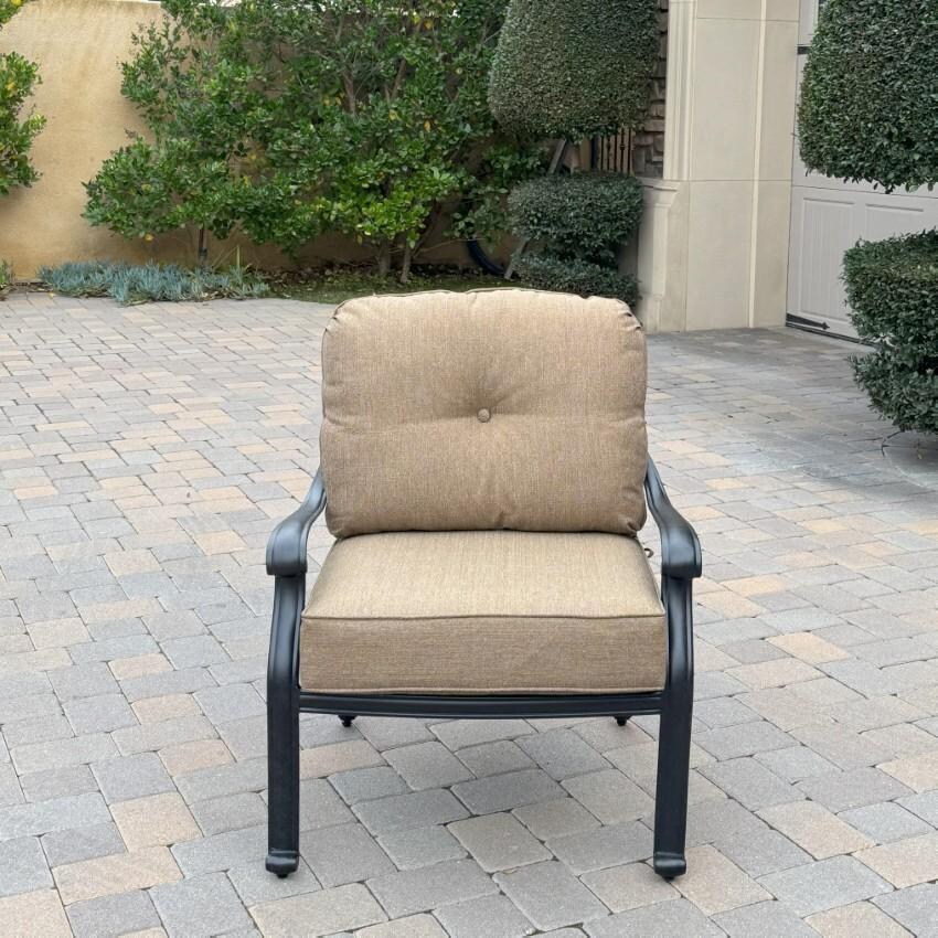 Darlee Elisabeth 2 Piece Cast Aluminum Patio Club Chair Set W/ Sesame Cushions - Single Chair Angled - Lifestyle thumbnail