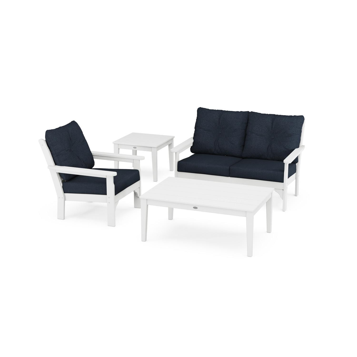 POLYWOOD Vineyard 4 Pc Recycled Plastic Seating Set w/ Smaller Tables in White/Marine Indigo by - PWS317-2-WH145991