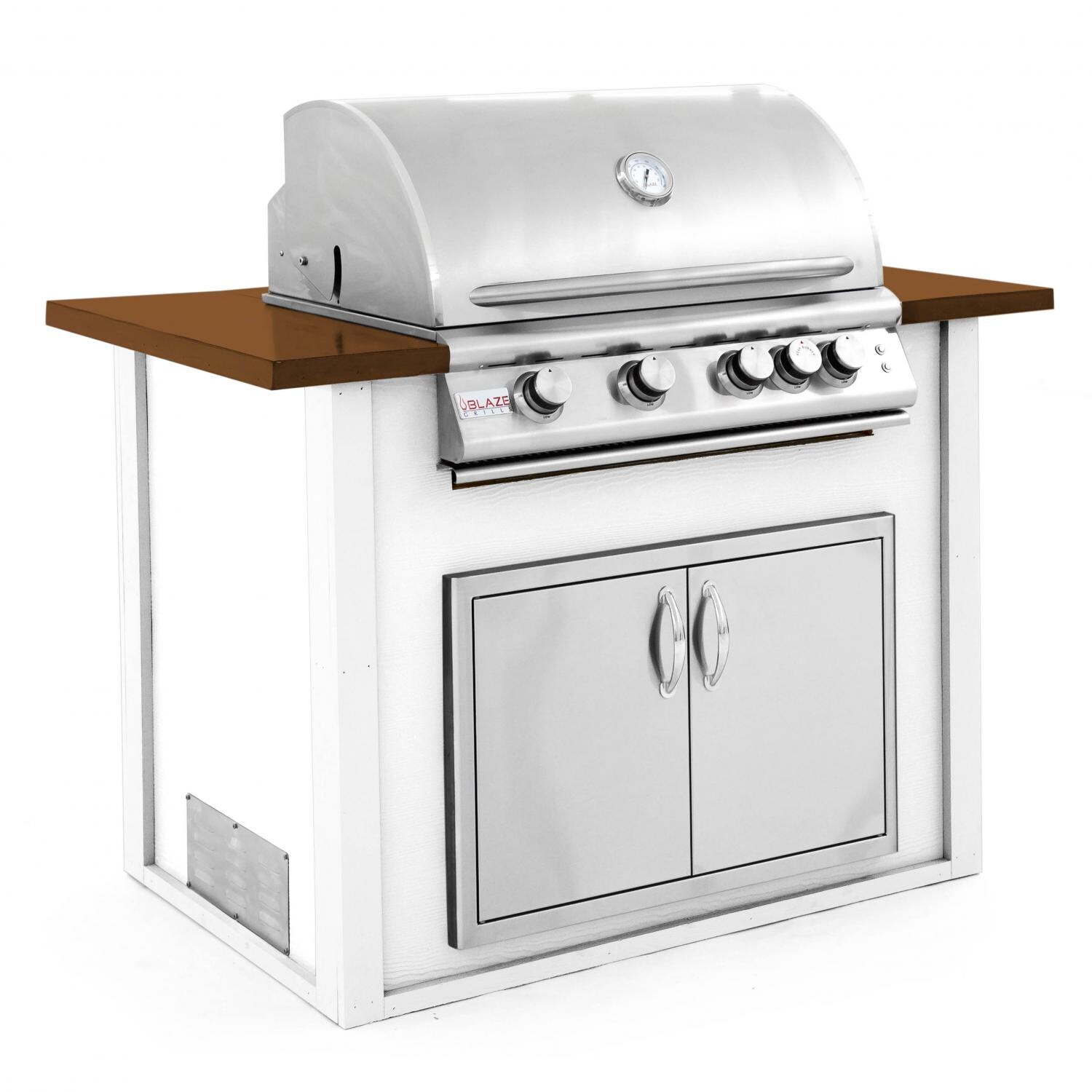 BBQGuys.com 4 Ft BBQ Island With Blaze 32-Inch Natural Gas Grill & Double Access Door - White/Tan - Angled View thumbnail