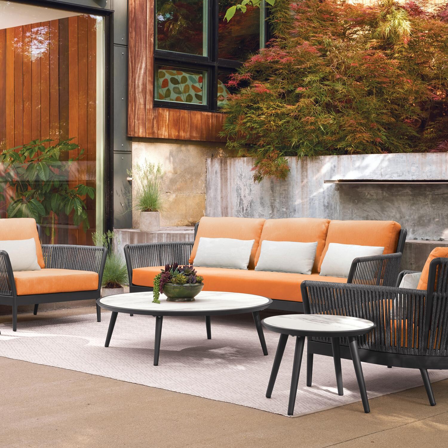 Oxford Garden Nette 3 Person Olefin Rope & Aluminum Sofa W/ Salt Lumbar Pillow in Carbon/Tangerine - Patio thumbnail
