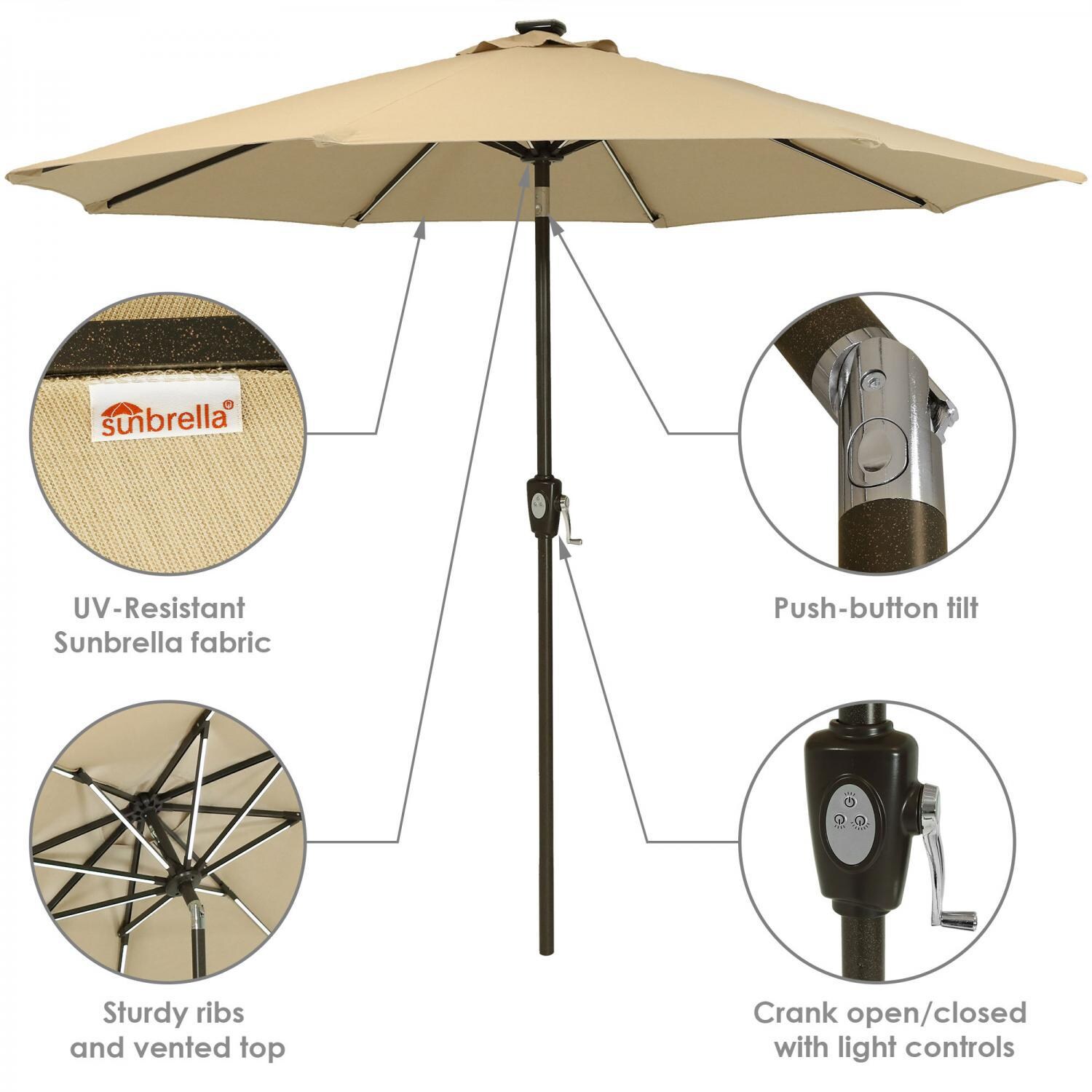 Ultimate Patio 9 Ft. Solar Lighted Patio Umbrella W/ Crank & Tilt - Beige - Sunbrella Fabric, Sturdy Ribs, Push-Button Tilt, & Crank Lift thumbnail