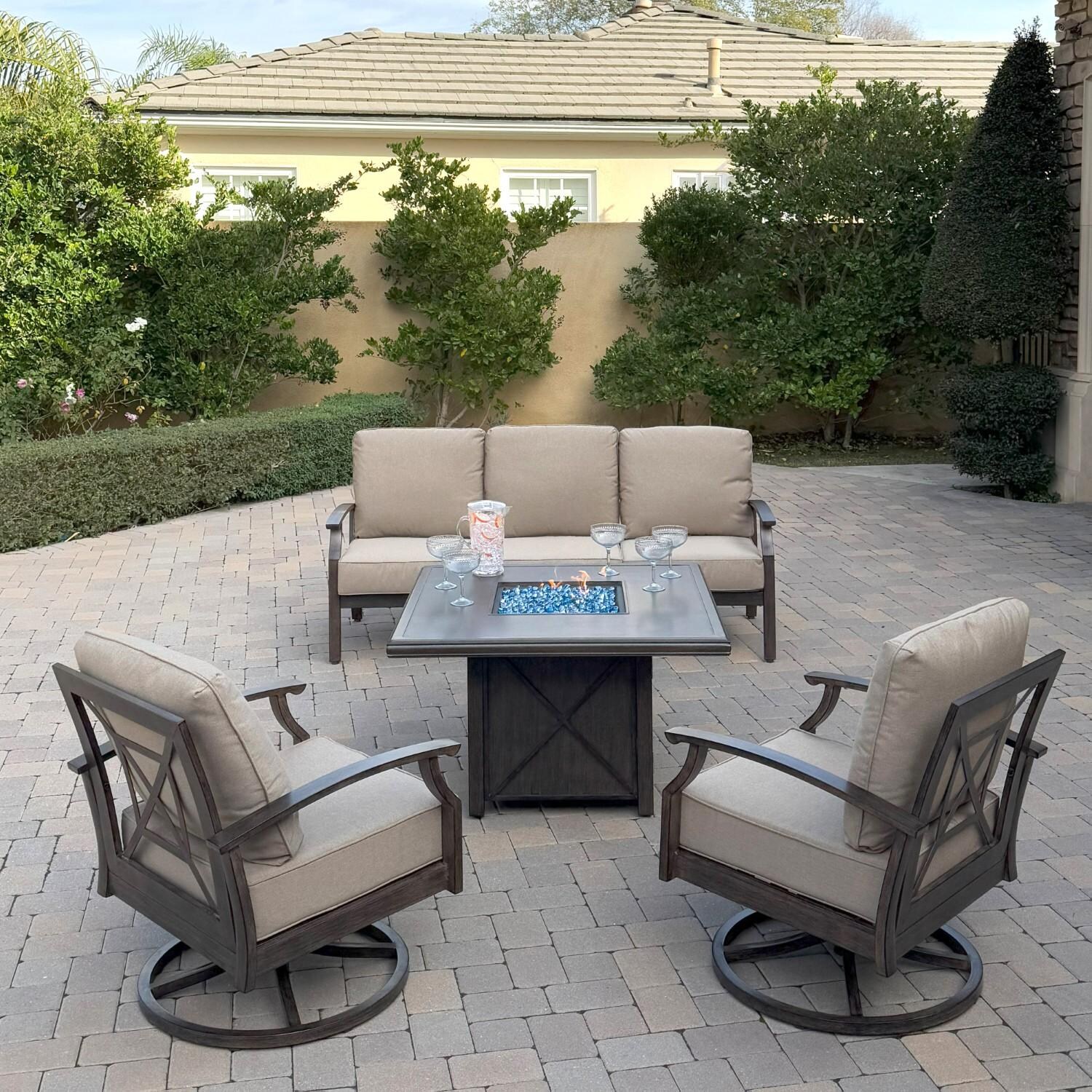Atlantis 4 Pc Aluminum Fire Pit Seating Set w/ 2 Swivel Rocker Club Chairs & Sofa in Walnut/Beige by Darlee