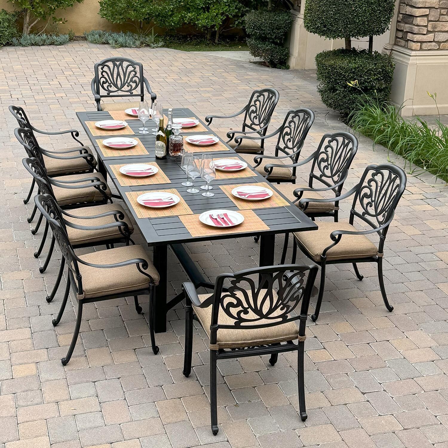 Elisabeth 11 Pc Cast Aluminum Dining Set w/ 91 X 40 Inch Atlantis Table in Antique Bronze/Sesame by Darlee