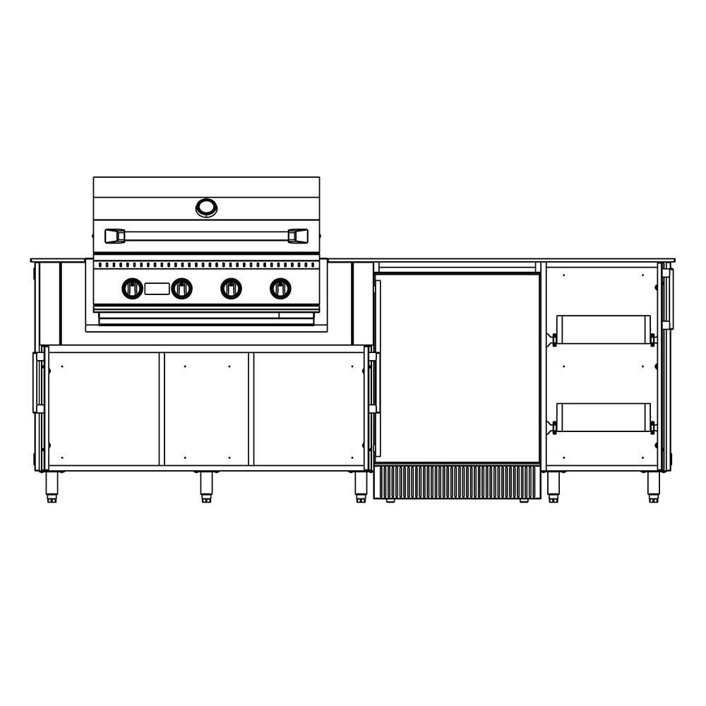 WeatherStrong Bimini 7 1/2 Ft Outdoor Kitchen Island w/ DCS Natural Gas Grill & Refrigerator in Dark Ash/Midnight Ice - Line Drawing Open - Dimensional thumbnail