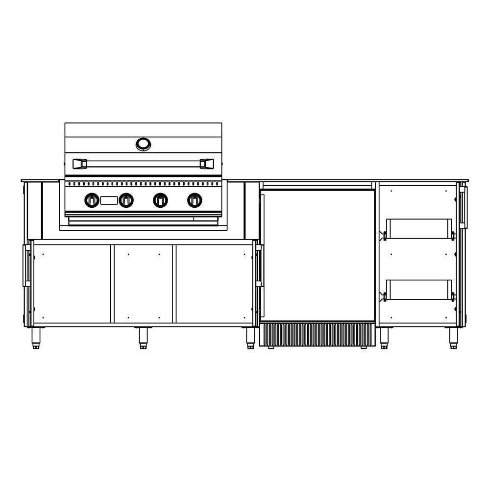 WeatherStrong Bimini 7 1/2 Ft Outdoor Kitchen Island w/ DCS Natural Gas Grill & Refrigerator in Dark Ash/Midnight Ice - Line Drawing Open - Dimensional thumbnail