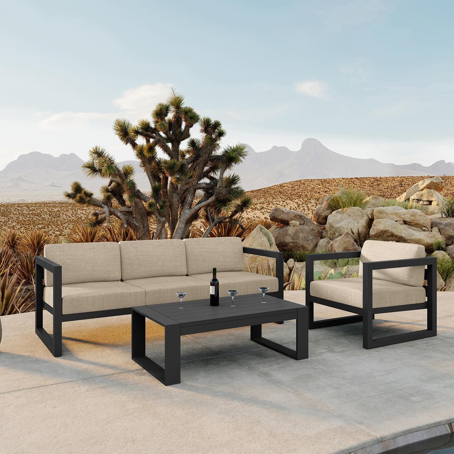 Misty Cove 3 Pc Aluminum Seating Set w/ Sofa & Portal Coffee Table in Slate/Canvas Flax by Lakeview Outdoor Designs
