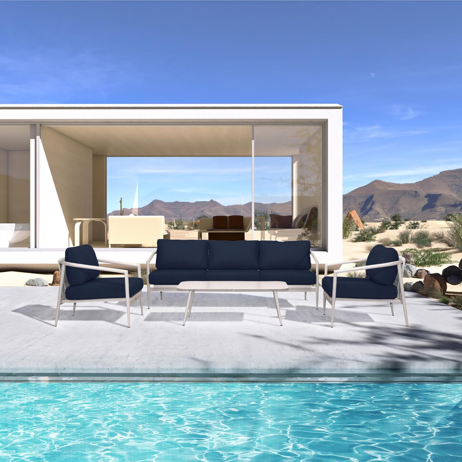 Midnight Cove 4 Pc Aluminum Seating Set w/ Sofa in Urban Stone/Spectrum Indigo by Lakeview Outdoor Designs