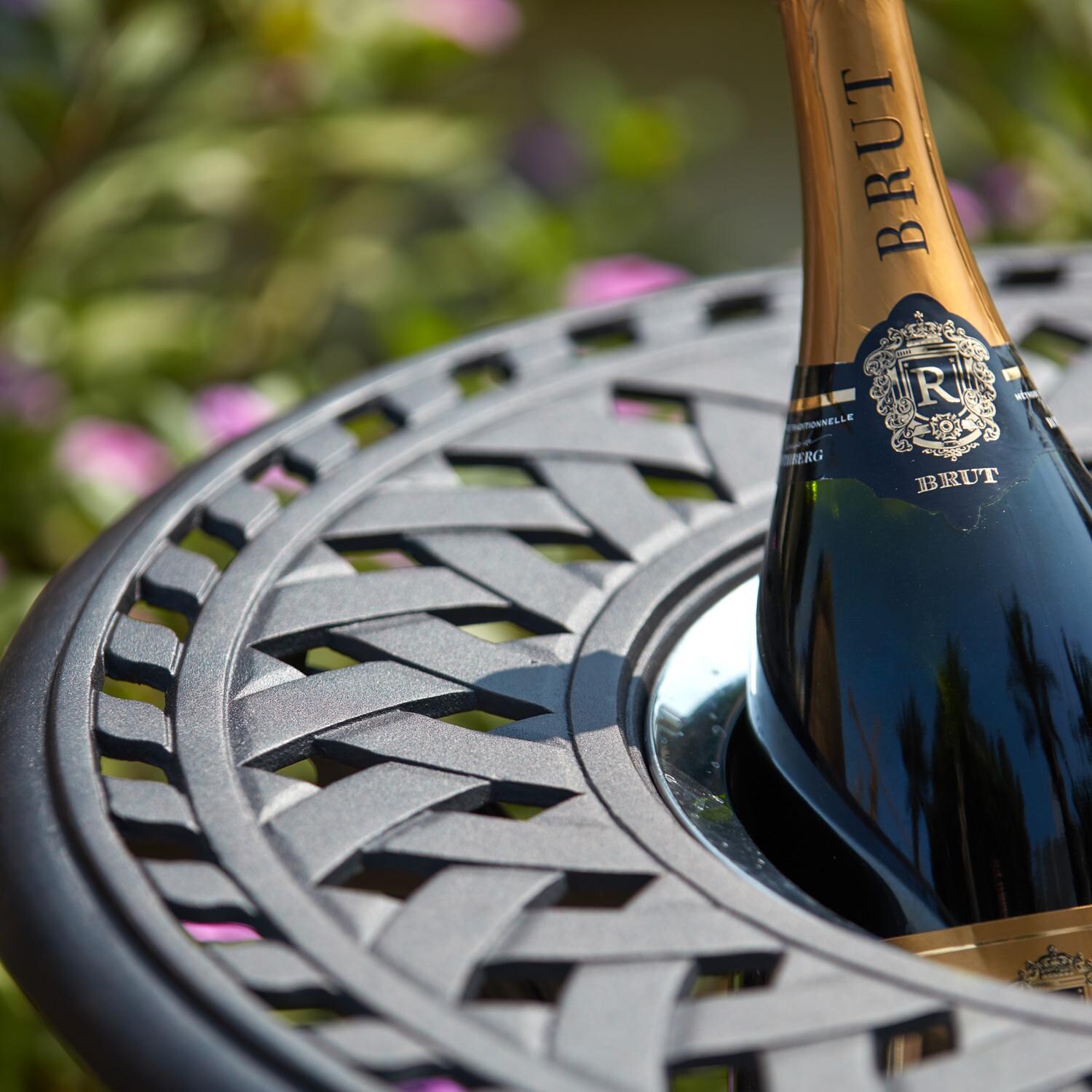 Darlee Capri 5 Piece Cast Aluminum Patio Conversation Set W/ 24-Inch Round Ice Bucket End Table & Sesame Cushions - Ice Bucket Detail thumbnail