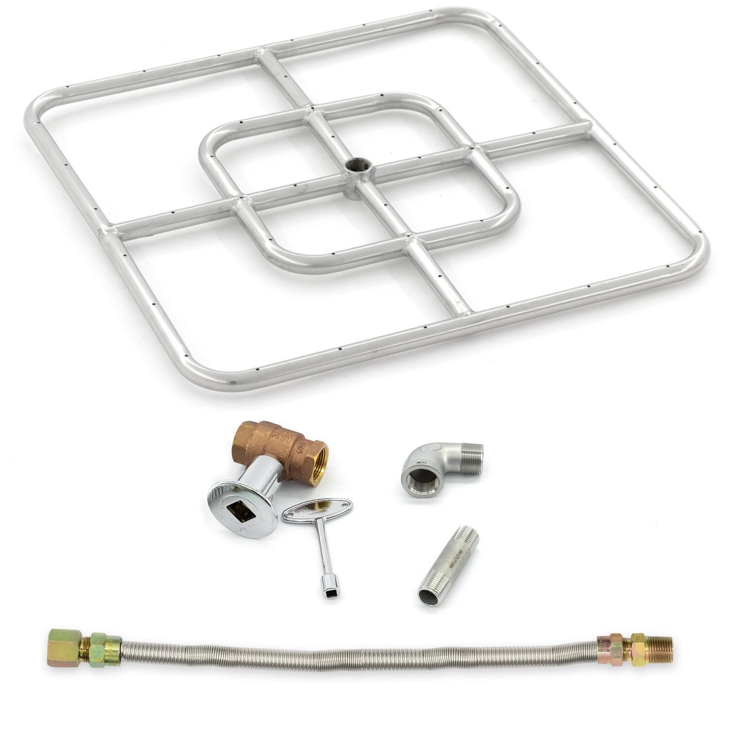 BBQGuys Signature Stainless Steel 18-Inch Square Natural Gas Double-Ring Burner W/ Connection Kit