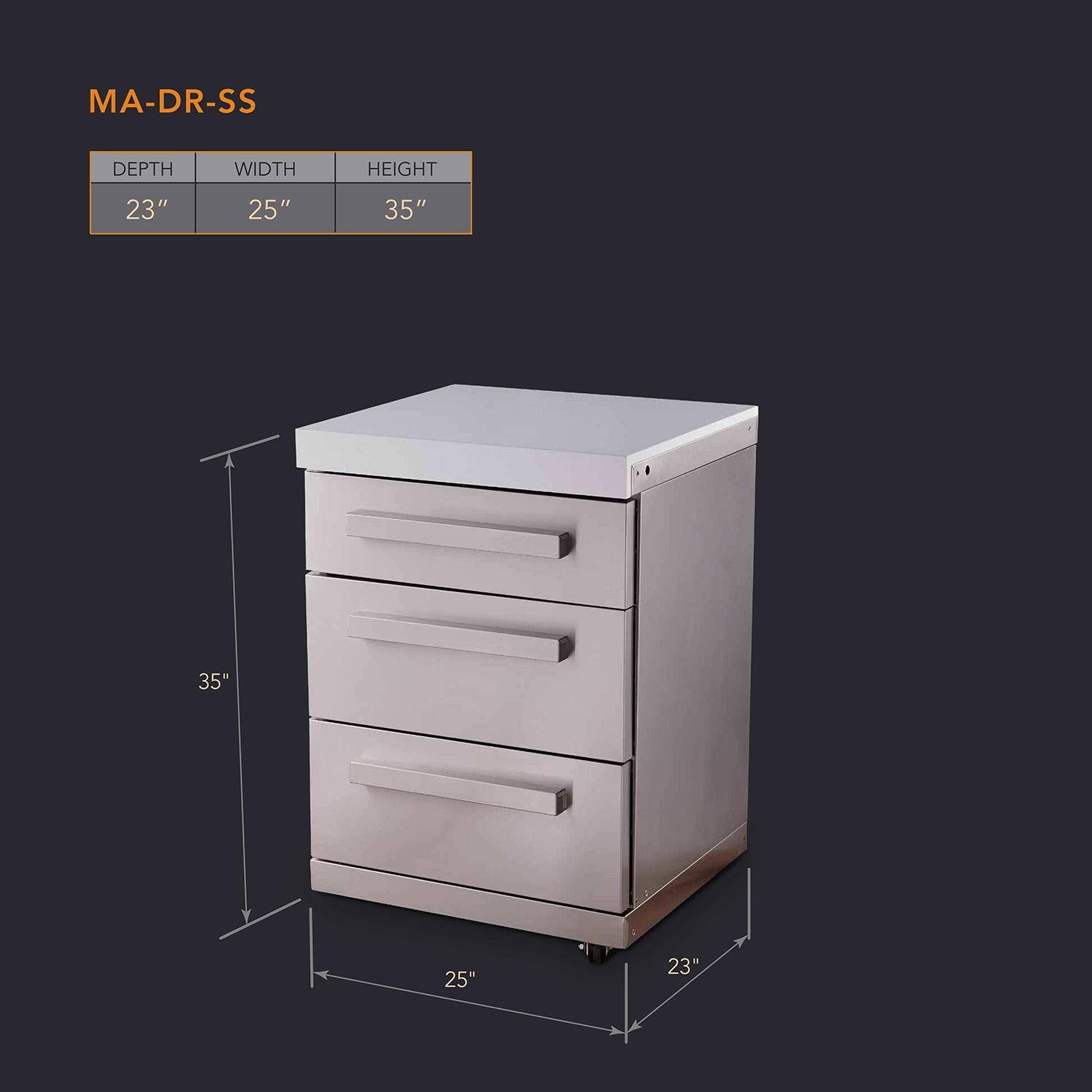 Mont Alpi MADRW-SS Outdoor Rated Triple Drawer Cabinet Module - Stainless Steel - Dimensions - Dimensional thumbnail