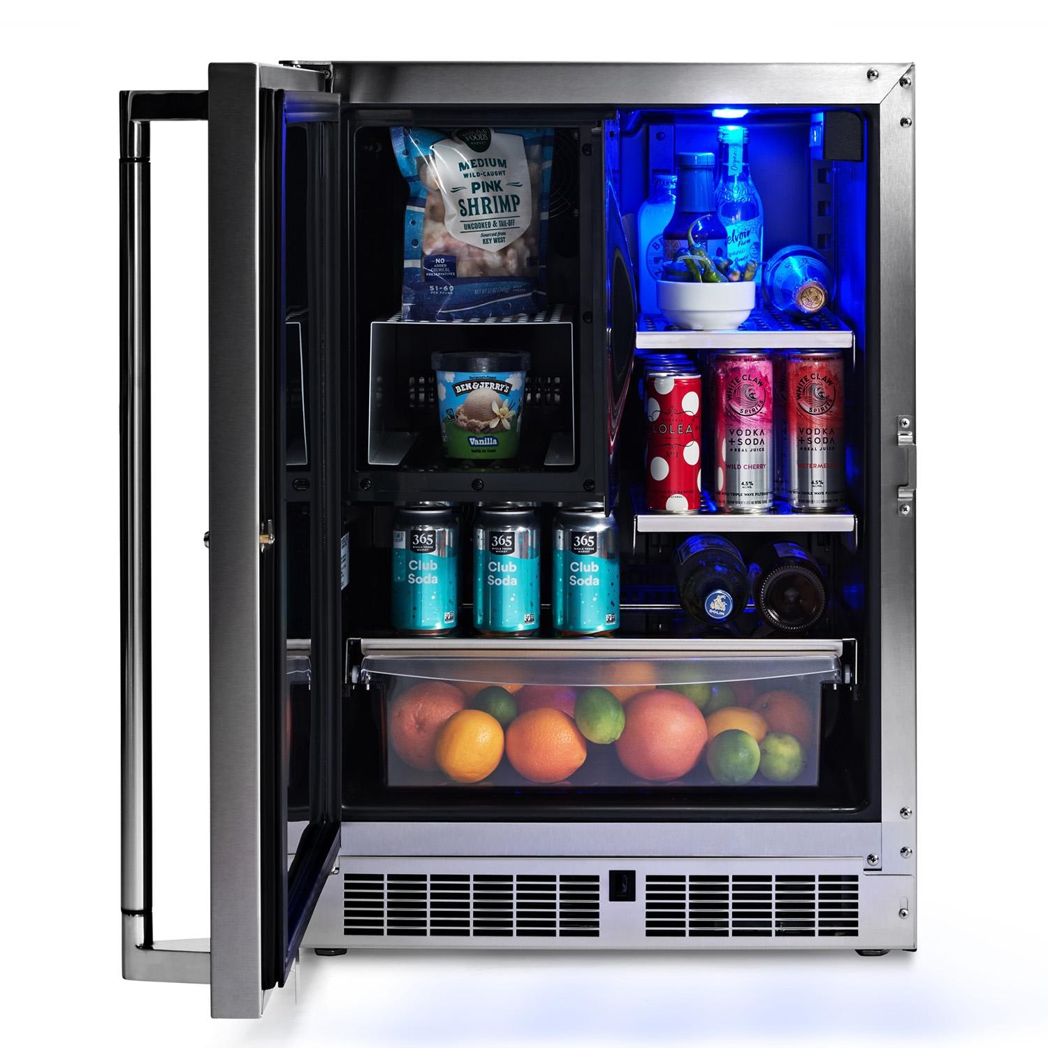 Lynx LN24REFC 24-in 4.9 Cu. Ft. Outdoor Refrigerator / Freezer w/ Lock - Door Open w/ Drinks - White Background thumbnail