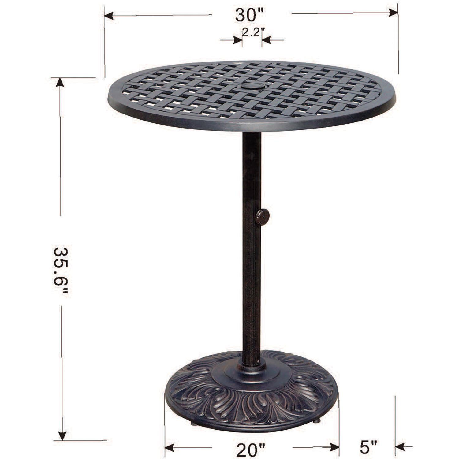 Darlee Elisabeth 3 Pc Cast Aluminum Counter Height Bar Set w/ 30 Inch Round Series 30 Table in Antique Bronze/Beige - Table Dimensions - Dimensional thumbnail