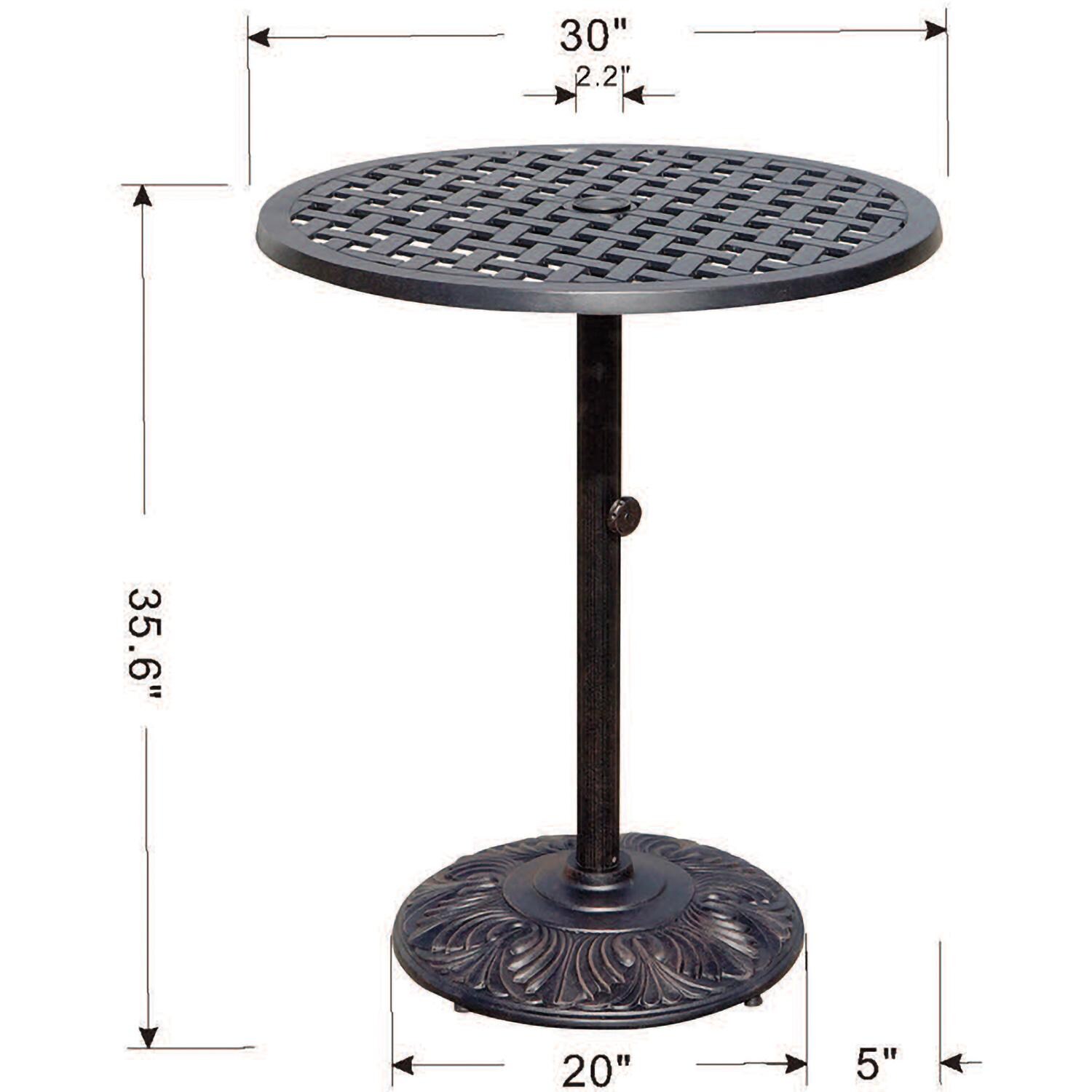 Darlee Elisabeth 3 Pc Cast Aluminum Counter Height Bar Set w/ 30 Inch Round Series 30 Table in Antique Bronze/Beige - Table Dimensions - Dimensional thumbnail