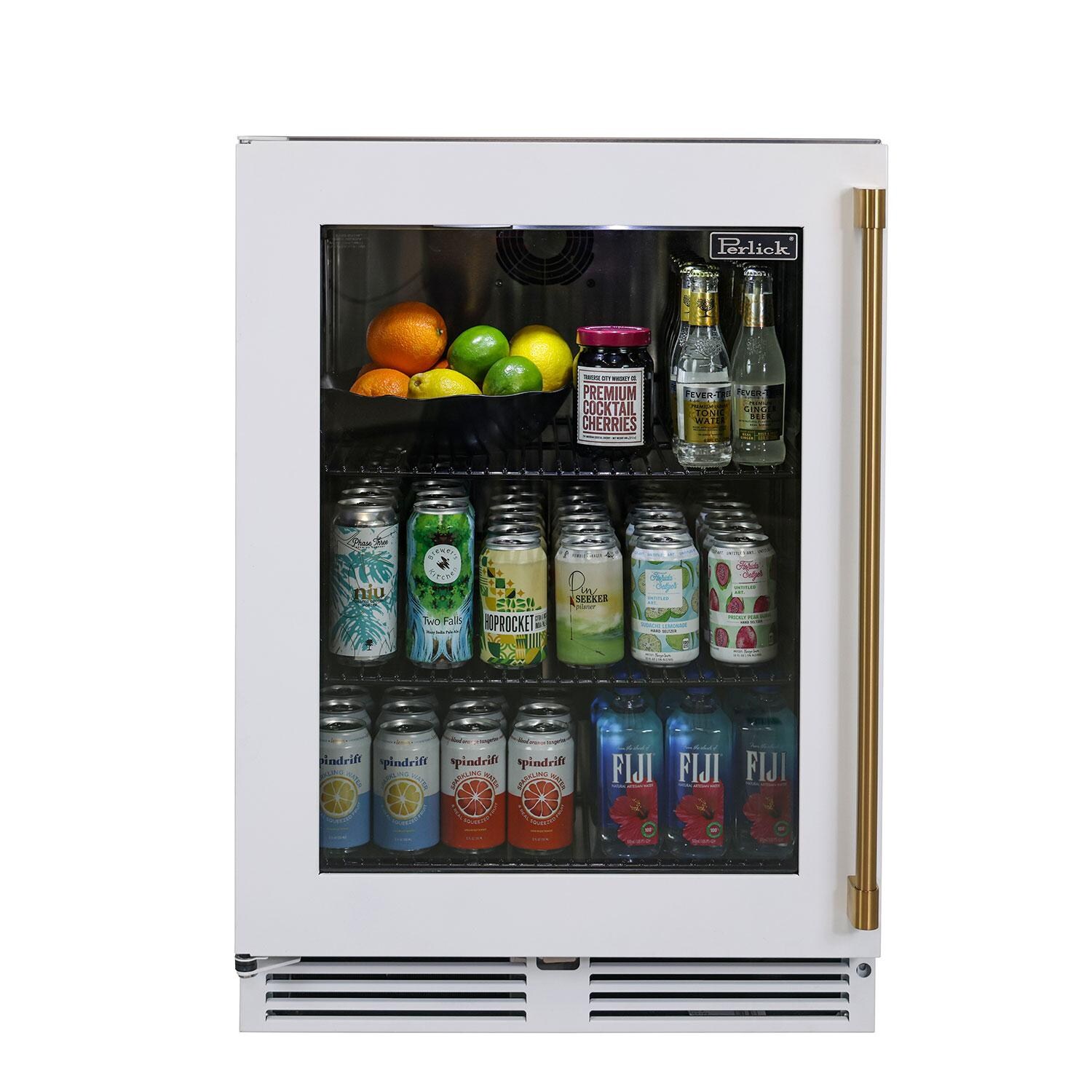 Perlick 24-Inch Signature Series Stainless Steel Glass Door Outdoor Refrigerator w/ Door Lock & Factory Installed Matte White Glass Door - Right Hinge - Display - White Background thumbnail