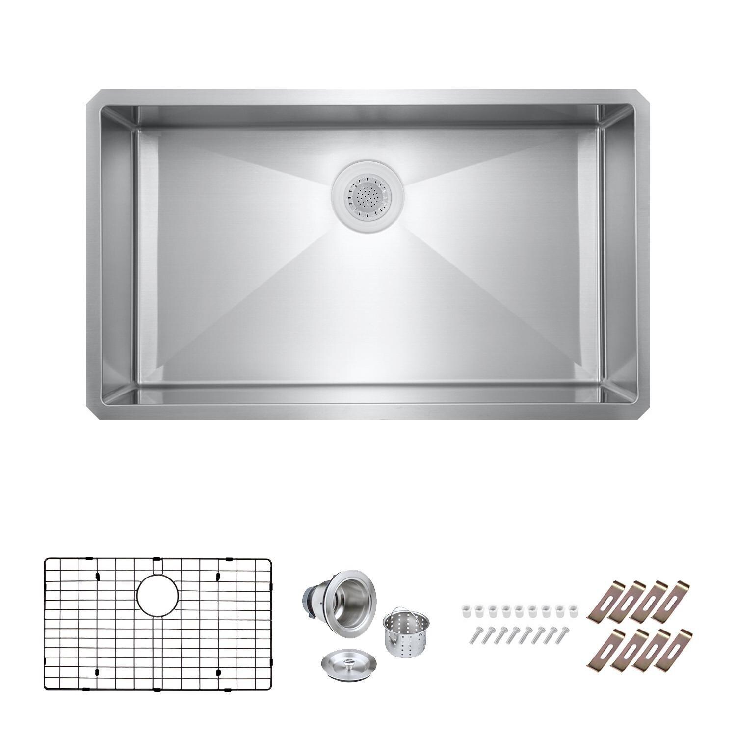 BBQGuys Signature Undermount Stainless Steel 30-Inch Single Bowl ADA Sink W/Grid and Strainer - White Background thumbnail
