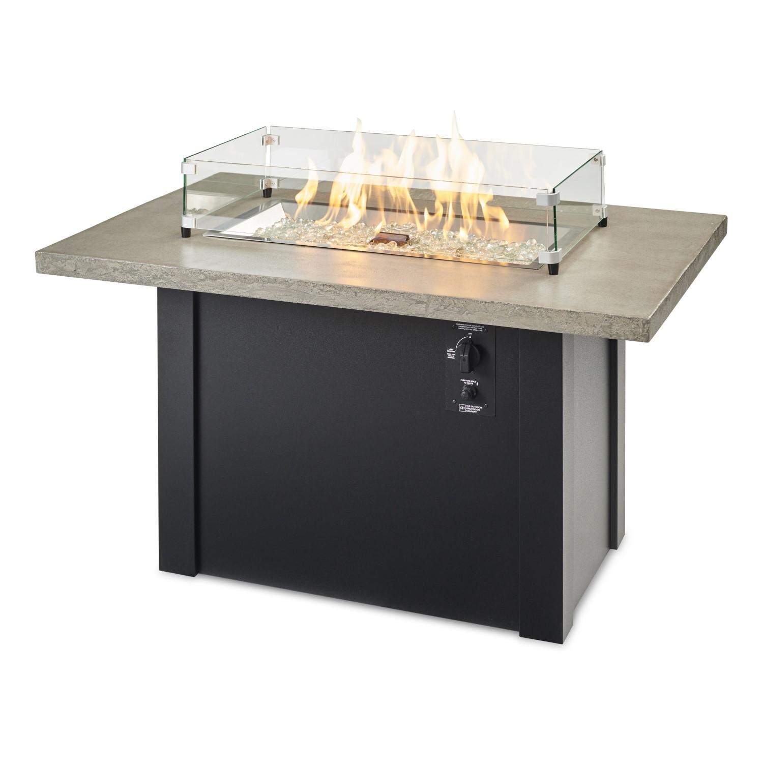 Havenwood 44 Inch Fire Pit Table W/ Pebble Grey Top & Black Base - Flames W/ Glass - White Background thumbnail