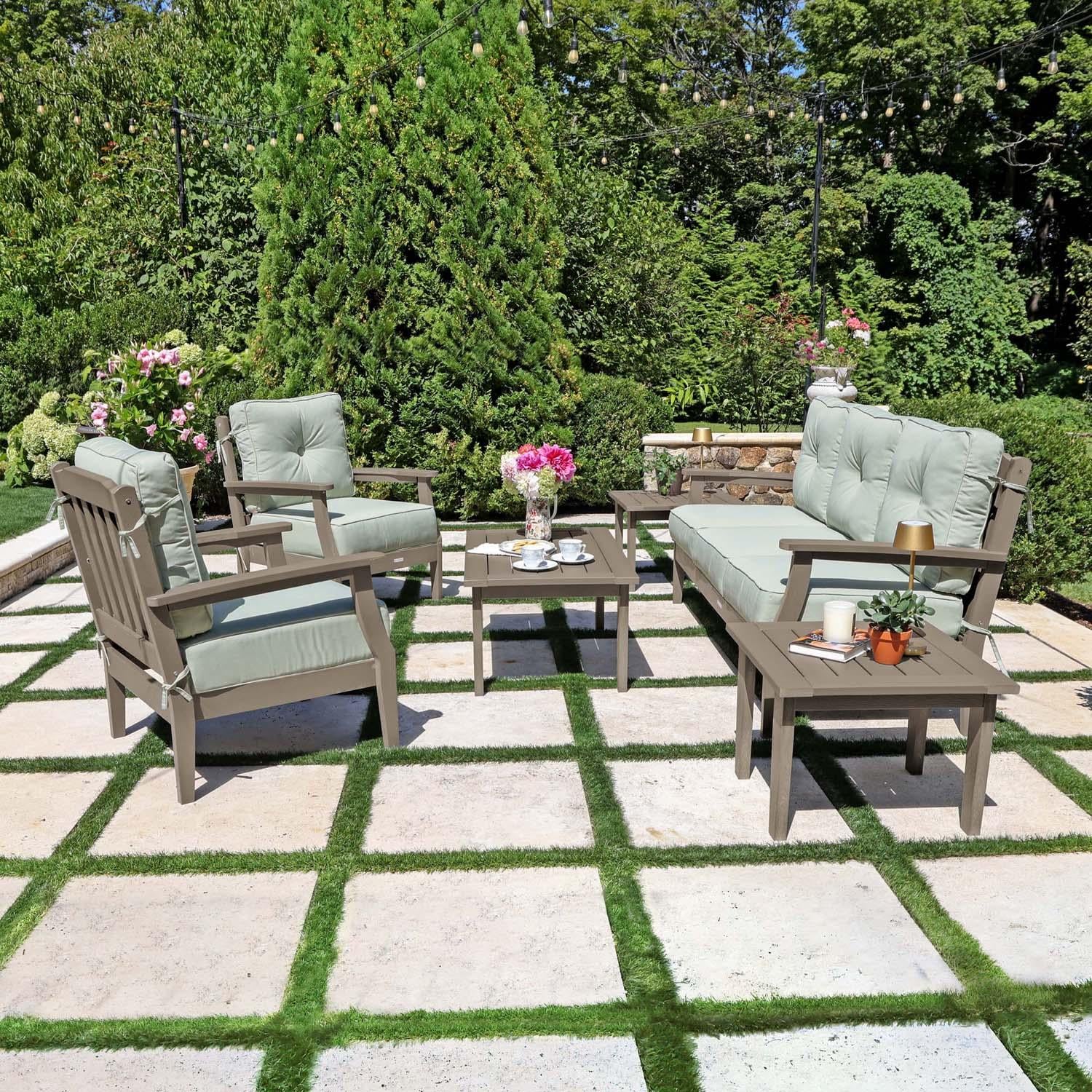 Blushing Bay 6 Pc Recycled Plastic Seating Set w/ Sofa in Canvas Seasalt/Woodland Brown by Lakeview Outdoor Designs - Side View - Lifestyle thumbnail