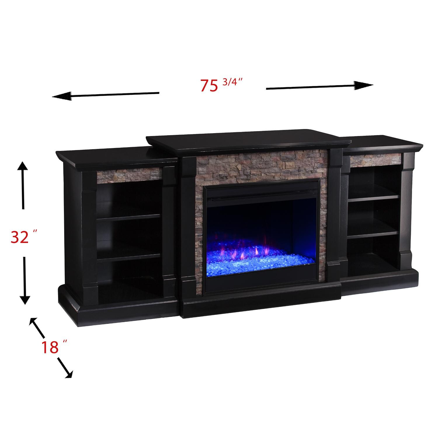 Southern Enterprises FC8525 Gallatin 71-Inch Color Changing Electric Fireplace W/ Bookcases - Satin Black W/ Black River Faux Stone - Measurements thumbnail