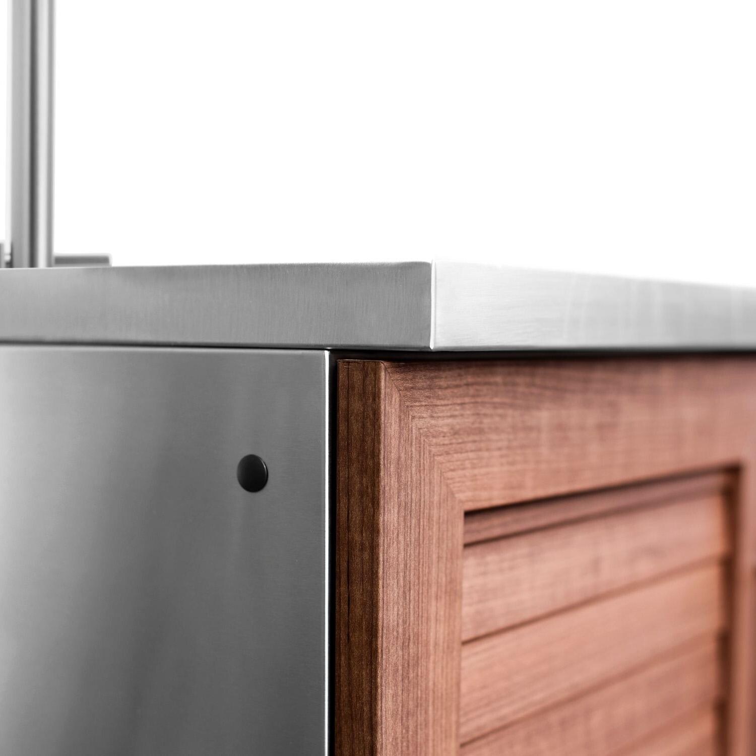 NewAge Products 71090 Classic Series 8 Ft Outdoor Kitchen Island w/ 33-in Propane Grill, Sink, Trash Bin, Door & Drawer in Grove/Stainless Steel - Corner - Detail thumbnail