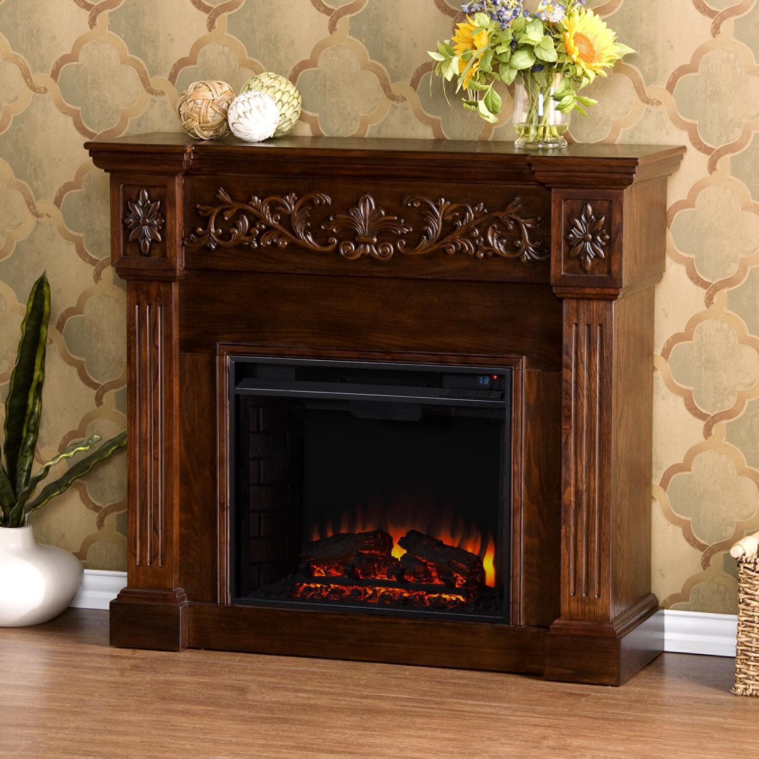 Southern Enterprises Calvert Carved 44-Inch Electric Fireplace Mantel W/ Infrared Heater - Rich Espresso - FI9278 - In the Home thumbnail
