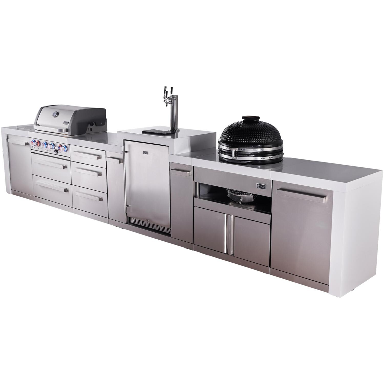 Mont Alpi Deluxe Series 15 1/2 Ft Natural Gas Outdoor Kitchen Island w/ 32-in Grill, Side Burner, Kegerator, Kamado Module & Triple Drawer (Ships Propane w/ Conversion Kit) - Angled Right - White Background thumbnail