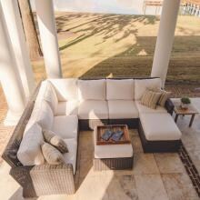 Sanibel 7 Piece Wicker Patio Sectional Set W/ Ottomans and Sunbrella Canvas Natural Cushions By Royal Teak Collection
