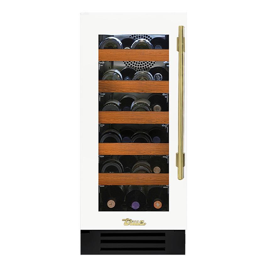 True TWC-15-L-OG-C~DSK-030-H01 15 Inch 23 Bottle Left Hinge Glass Door Outdoor Wine Cabinet - Matte White w/ Brass Handle - White Background thumbnail