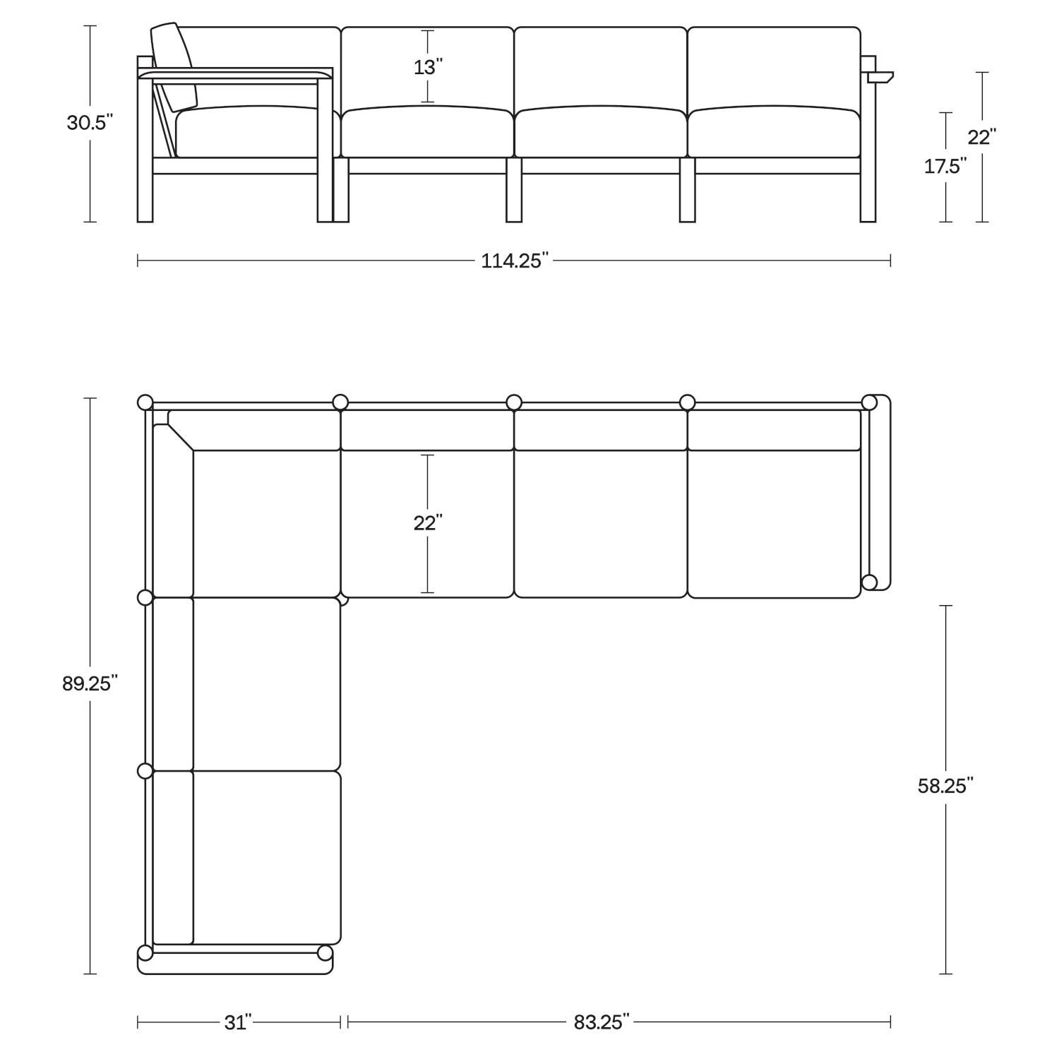 Neighbor HVN-SECT6-RU-2 6 Piece Sectional W/ Teak Arms - Dimensions thumbnail
