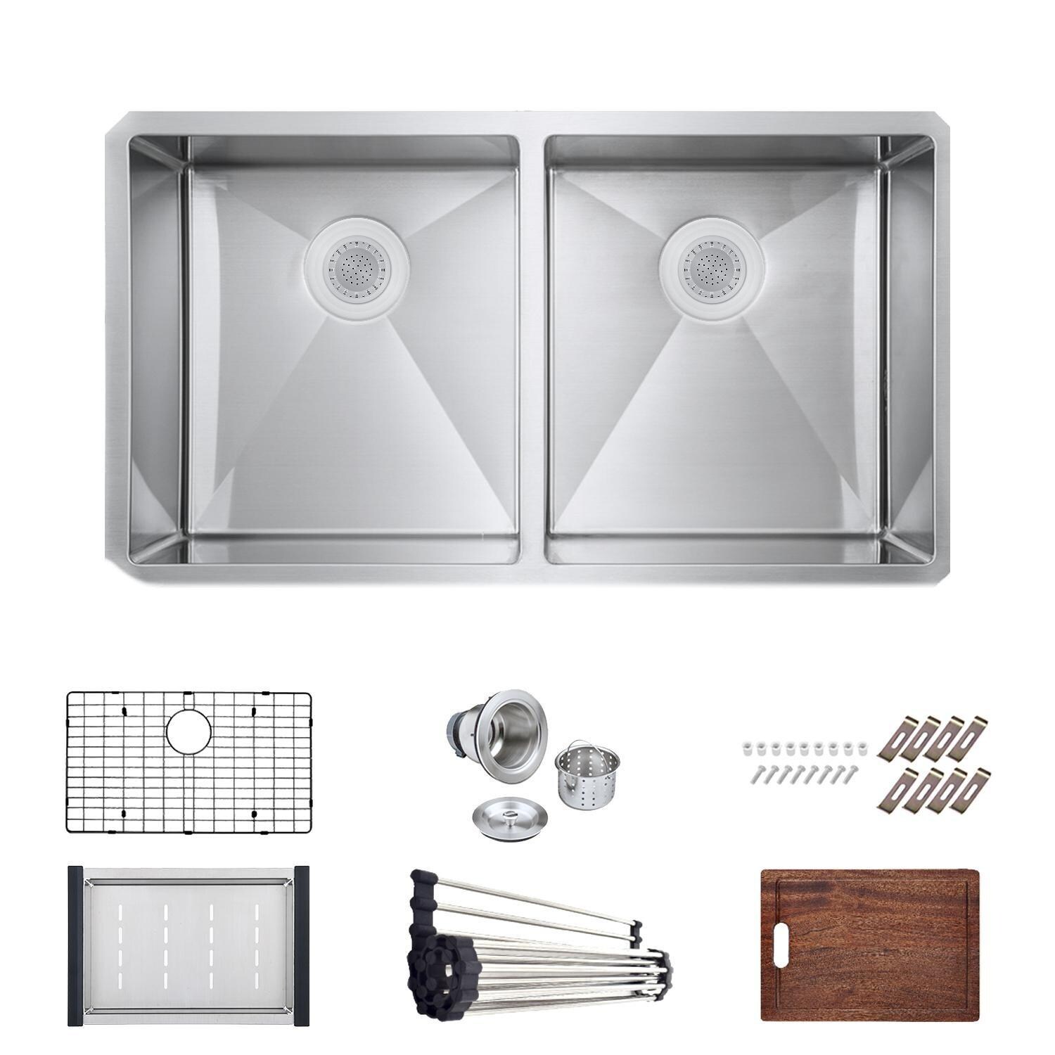 BBQGuys Signature Undermount Stainless Steel Double Bowl 33-Inch Workstation Sink W/Grids, Strainers, and 3 Accessories - White Background thumbnail