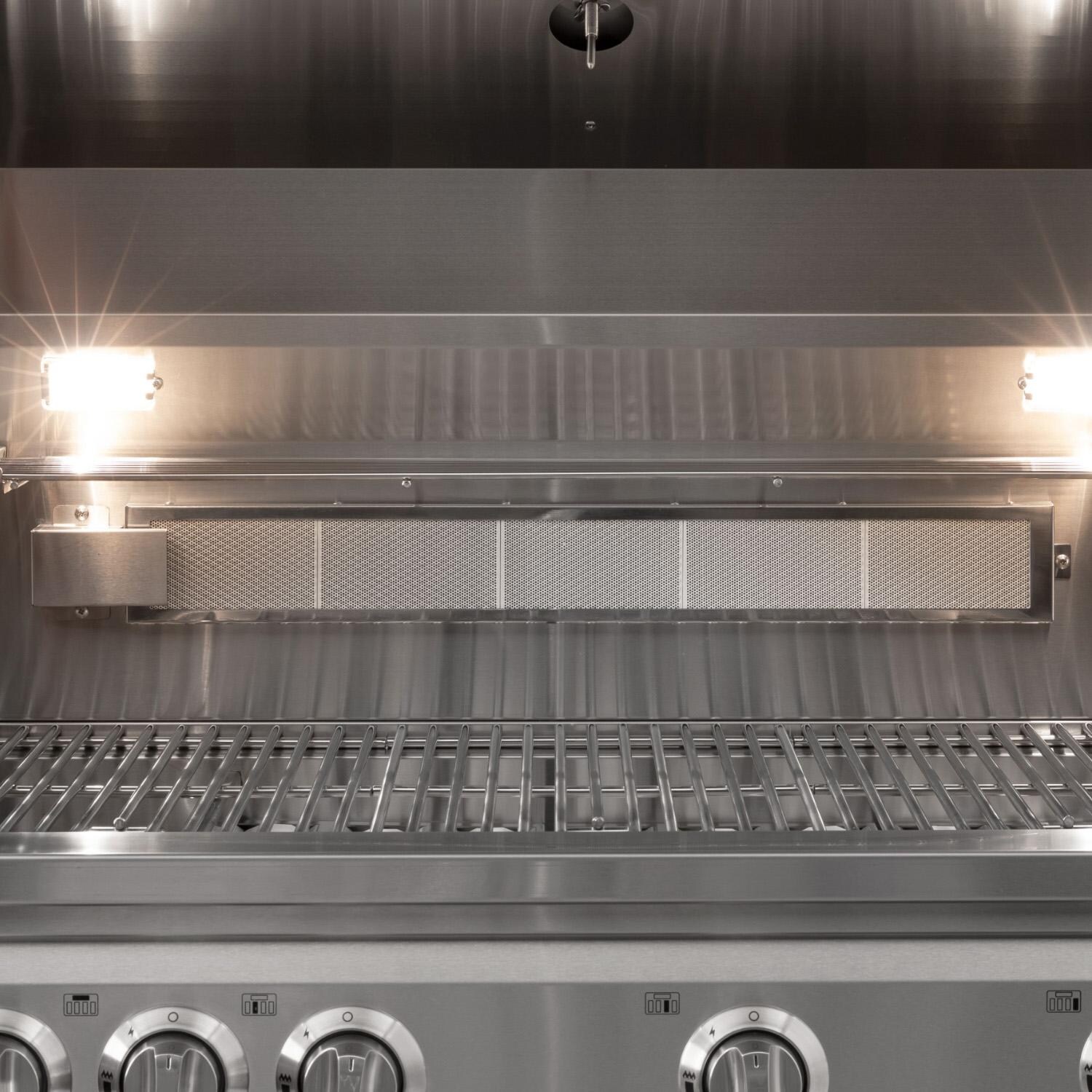 NewAge Products 71090 Classic Series 8 Ft Outdoor Kitchen Island w/ 33-in Propane Grill, Sink, Trash Bin, Door & Drawer in Grove/Stainless Steel - Rear Rotisserie Burner - Detail thumbnail