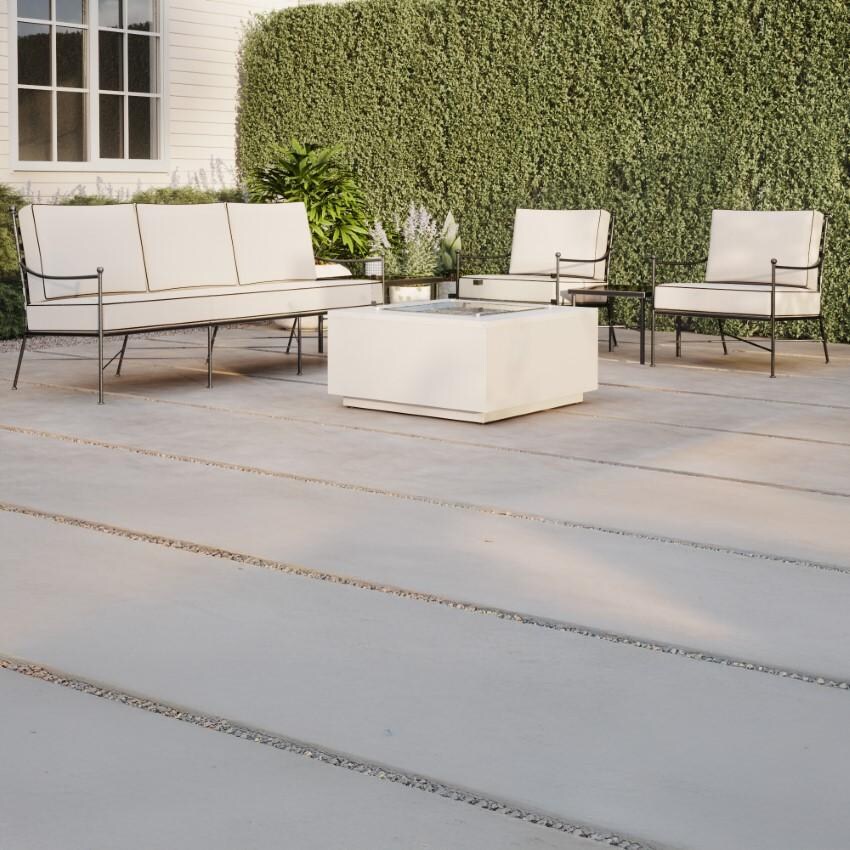 Provence 3 Person Wrought Iron Sofa w/ Contrast Spectrum Carbon Welt in Pewter/Canvas Natural by Sunset West - Shown w/ Companion Pieces - Lifestyle thumbnail