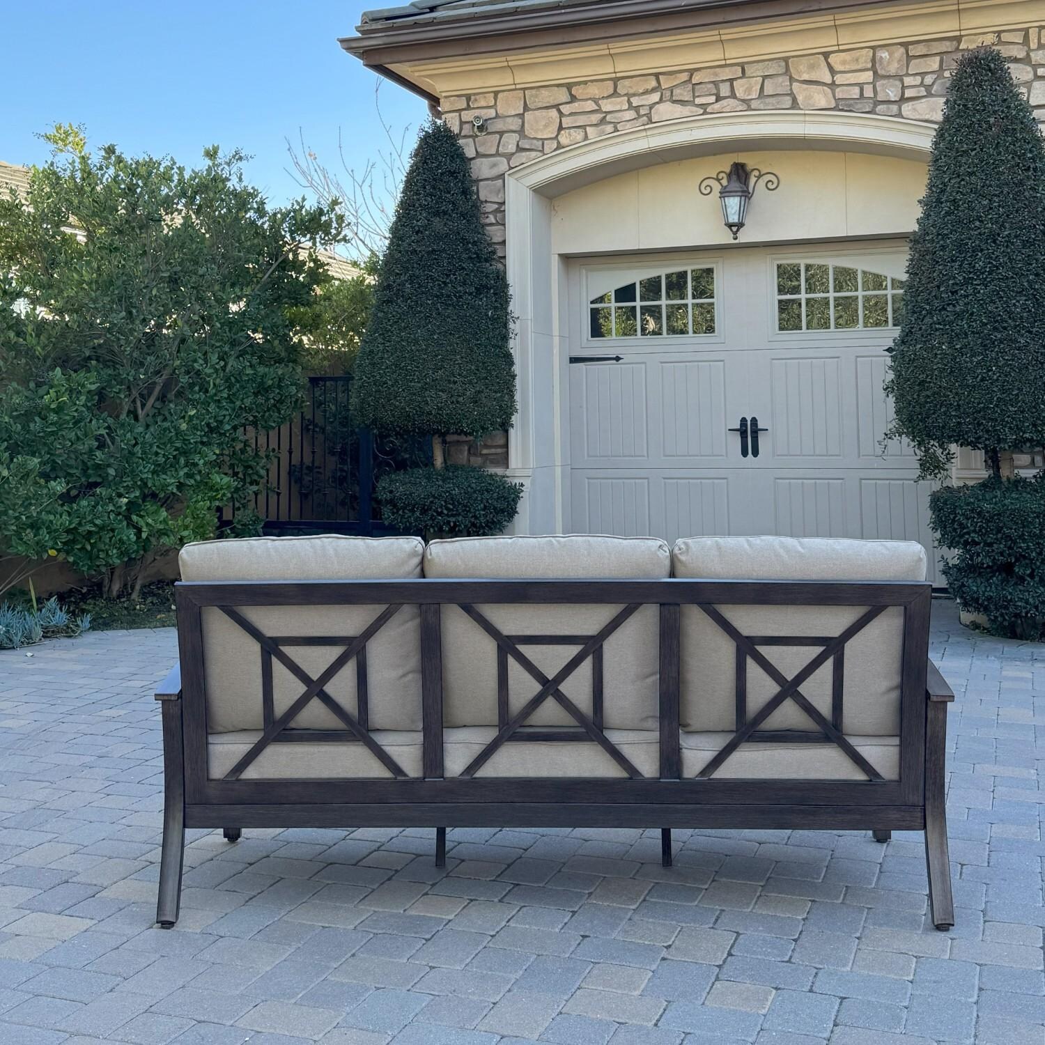 Atlantis 4 Pc Aluminum Seating Set w/ Sofa & 2 Club Chairs in Walnut/Beige by Darlee - Sofa Rear - Lifestyle thumbnail