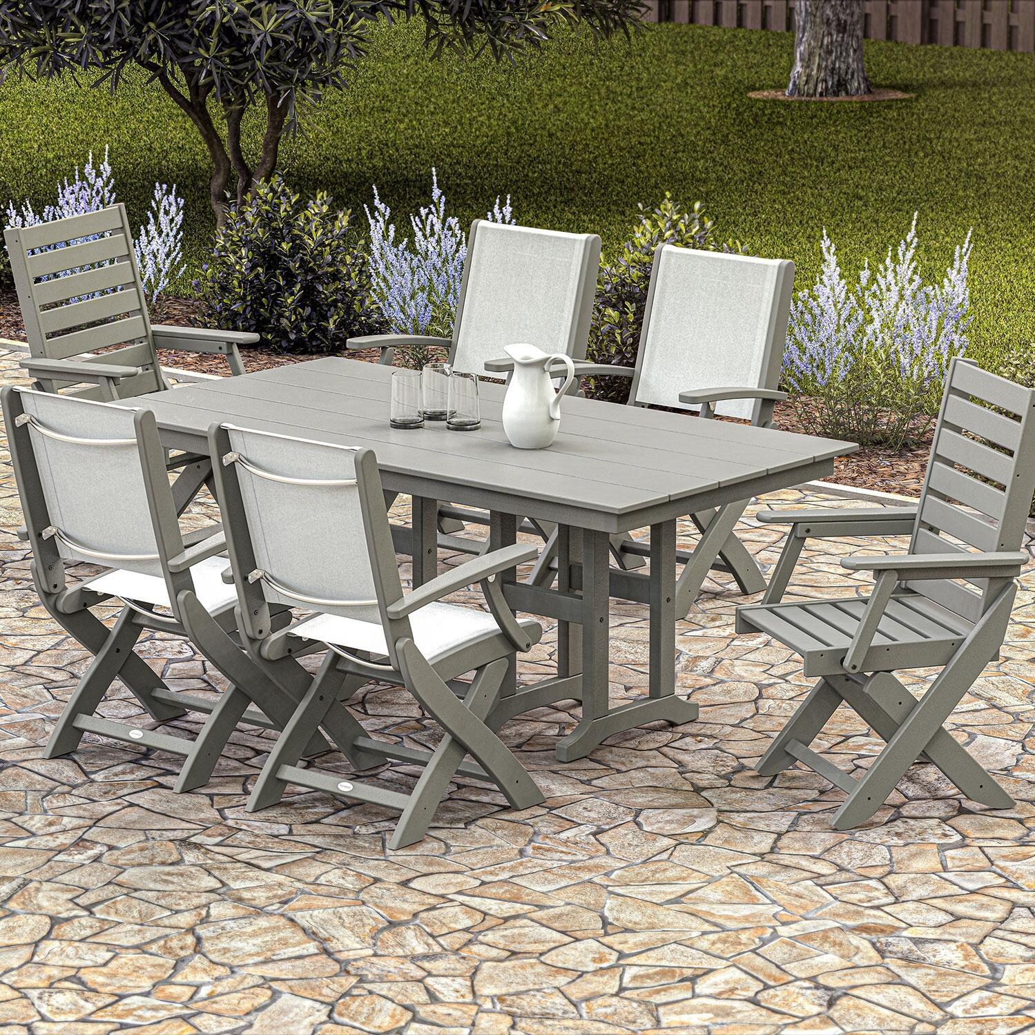 POLYWOOD PWS2533-1-GY919 Creekside Polywood 7-Piece Farmhouse Dining Set Parchement Sling Chairs in Slate Grey - Shown in Black w/ Parchment Sling - Lifestyle thumbnail