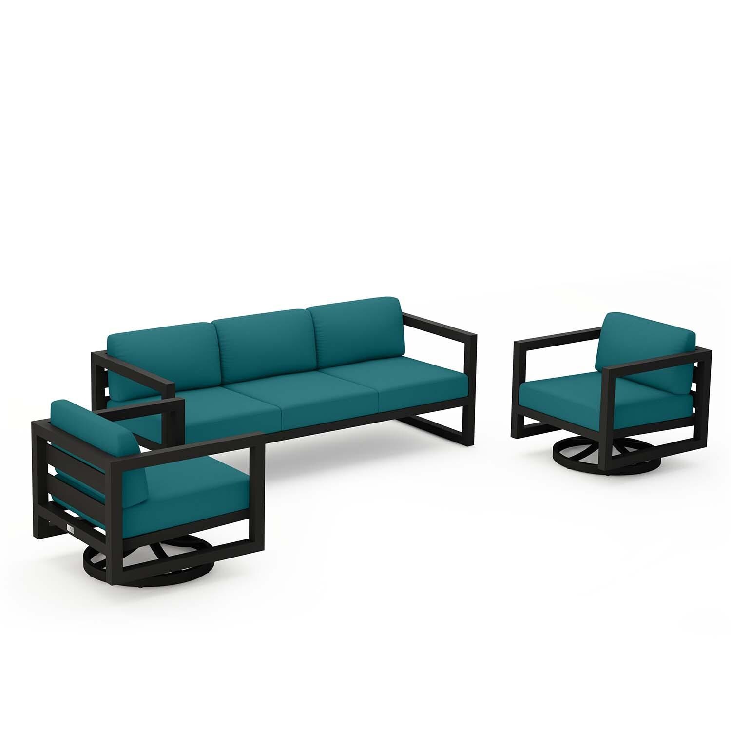 Misty Cove 3 Pc Aluminum Sofa Seating Set w/ Swivel Chairs in Black/Spectrum Peacock by Lakeview Outdoor Designs - Angled - White Background thumbnail
