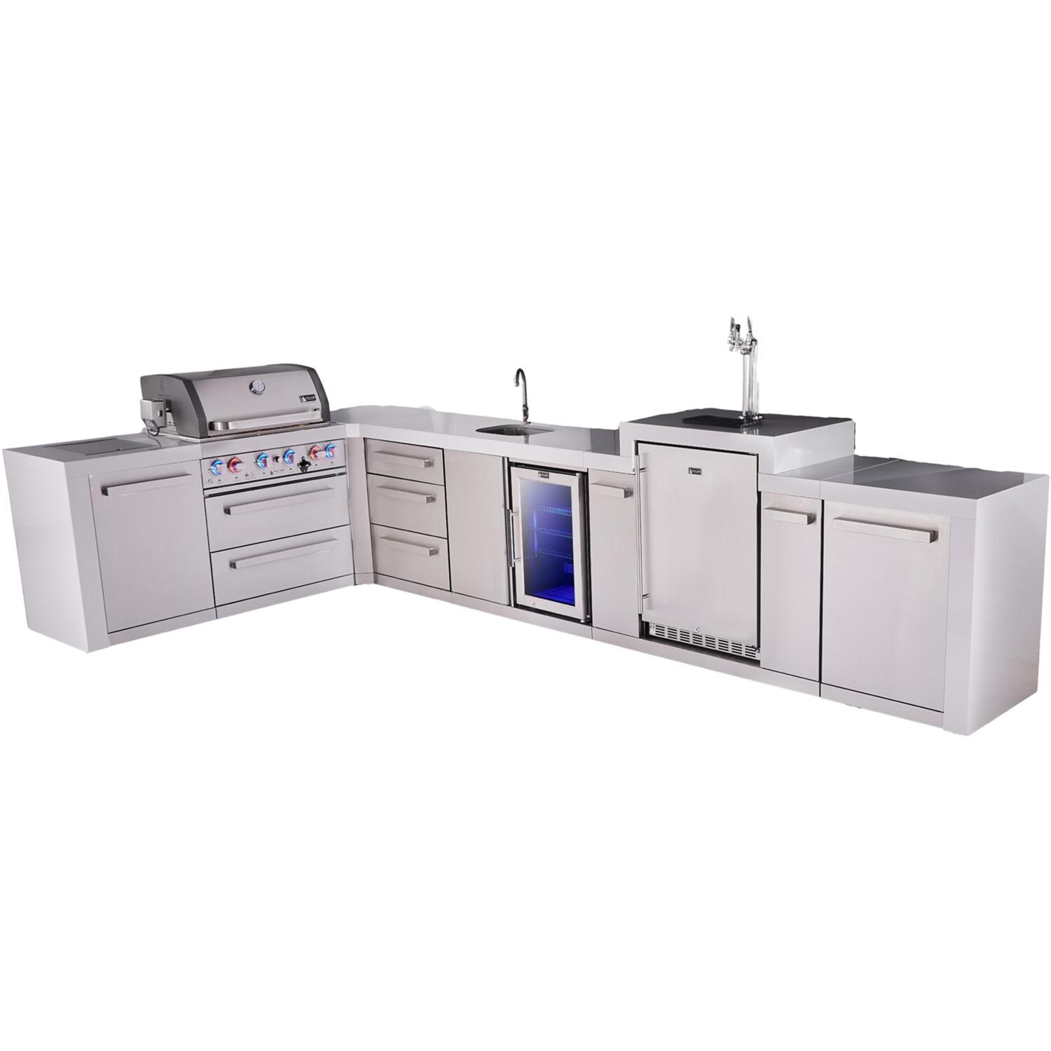 Mont Alpi Deluxe Series 13 1/2 Ft Propane Outdoor Kitchen Island w/ 32-in Grill, Side Burner, Beverage Center, Kegerator, Fridge & Triple Drawer - MAi400-D90KEGBEVFCDR