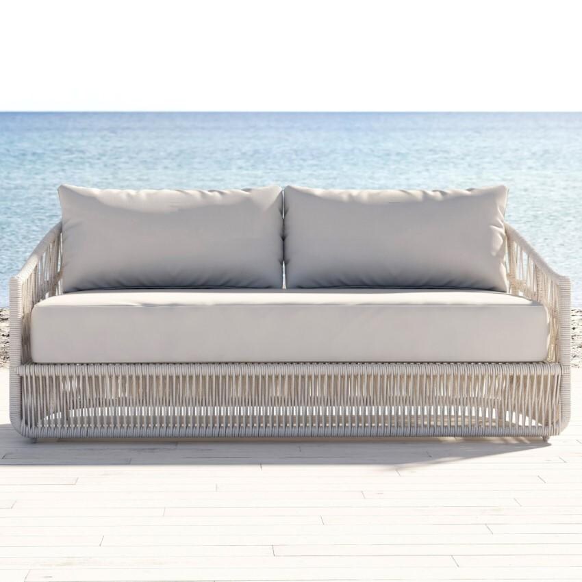 Dana 3 Person Woven Rope Sofa w/ Self Welt in Natural/Canvas Skyline by Sunset West - Shown in Canvas Skyline - Lifestyle thumbnail