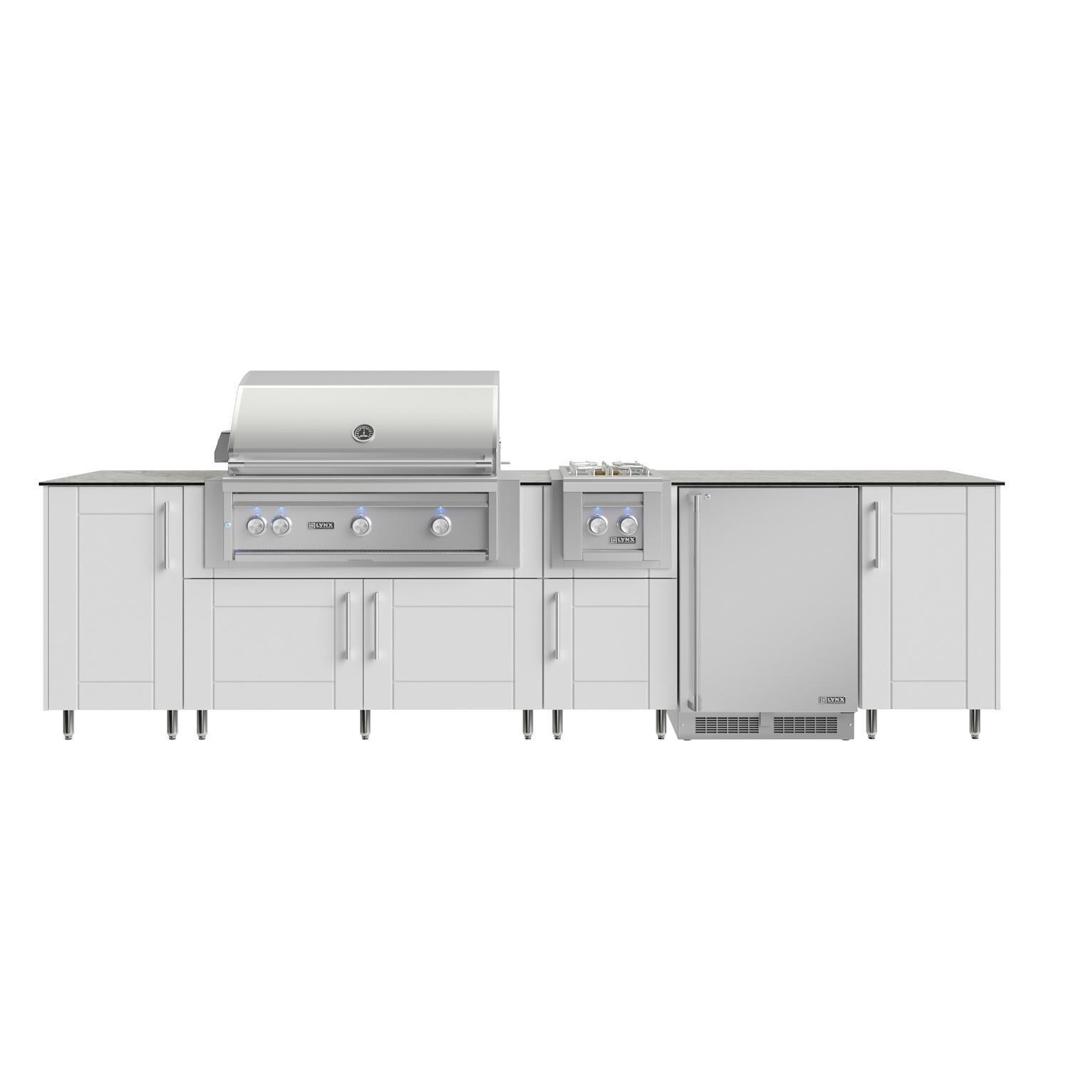 WeatherStrong Nassau 10 1/2 Ft Outdoor Kitchen Island w/ Lynx Propane Grill, Side Burner & Refrigerator in Shell White/Glacier Frost - Island - White Background thumbnail