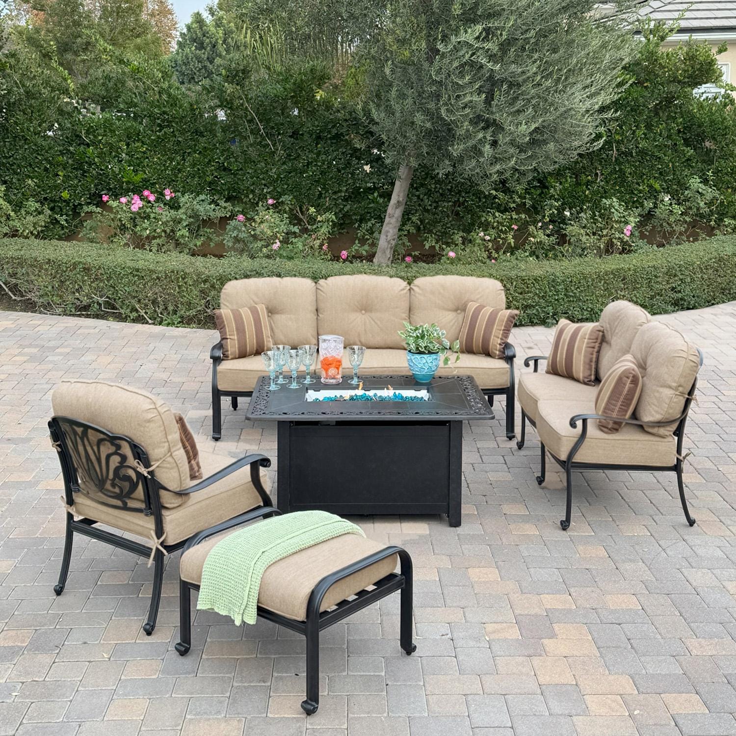 Darlee Elisabeth 5 Pc Cast Aluminum Fire Pit Seating Set w/ Loveseat, Sofa, Club Chair and Ottoman in Antique Bronze/Beige - Set - Lifestyle thumbnail