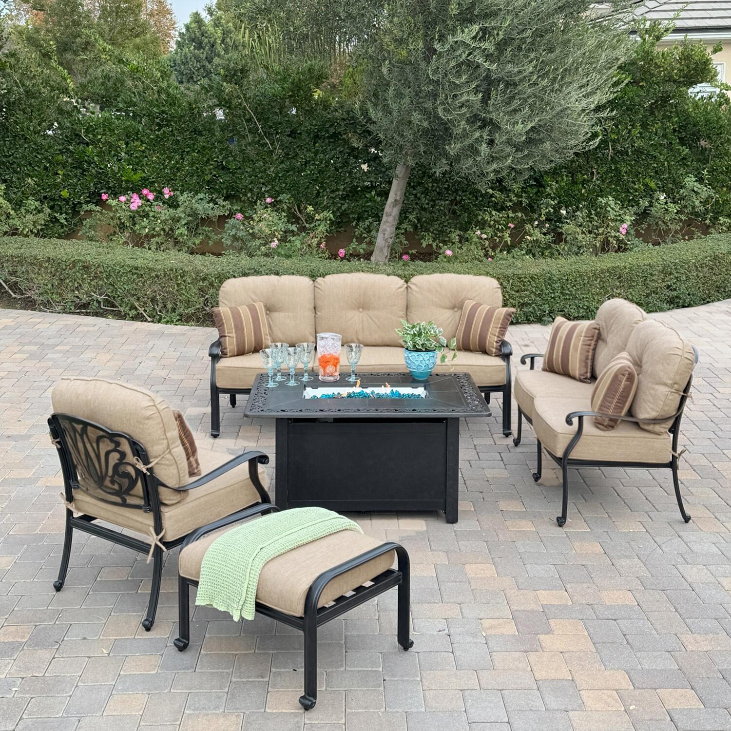 Darlee Elisabeth 5 Pc Cast Aluminum Fire Pit Seating Set w/ Loveseat, Sofa, Club Chair and Ottoman in Antique Bronze/Beige - Set - Lifestyle thumbnail