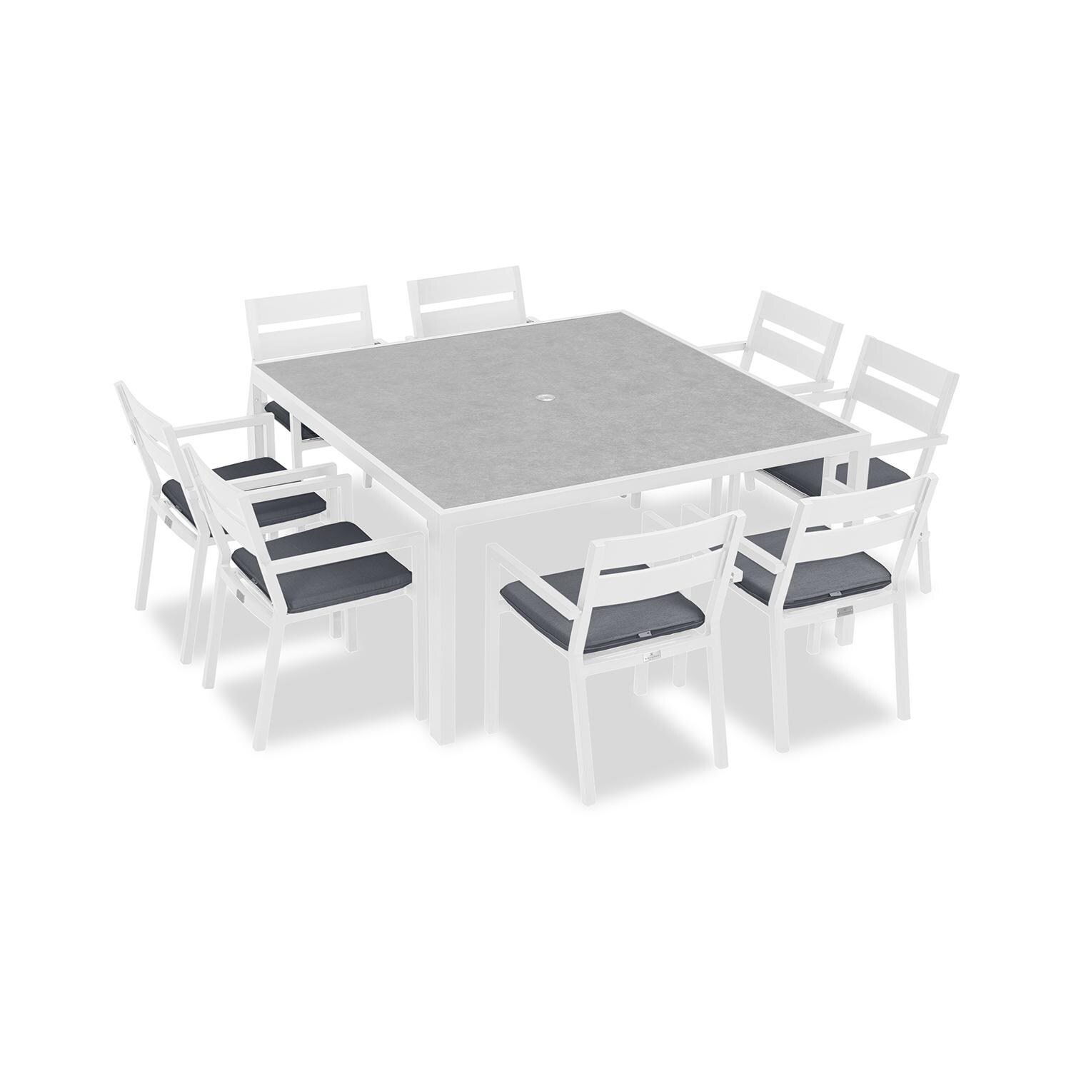 Calm Bay 9 Pc Square Aluminum Dining Set in White/Canvas Charcoal by Lakeview Outdoor Designs